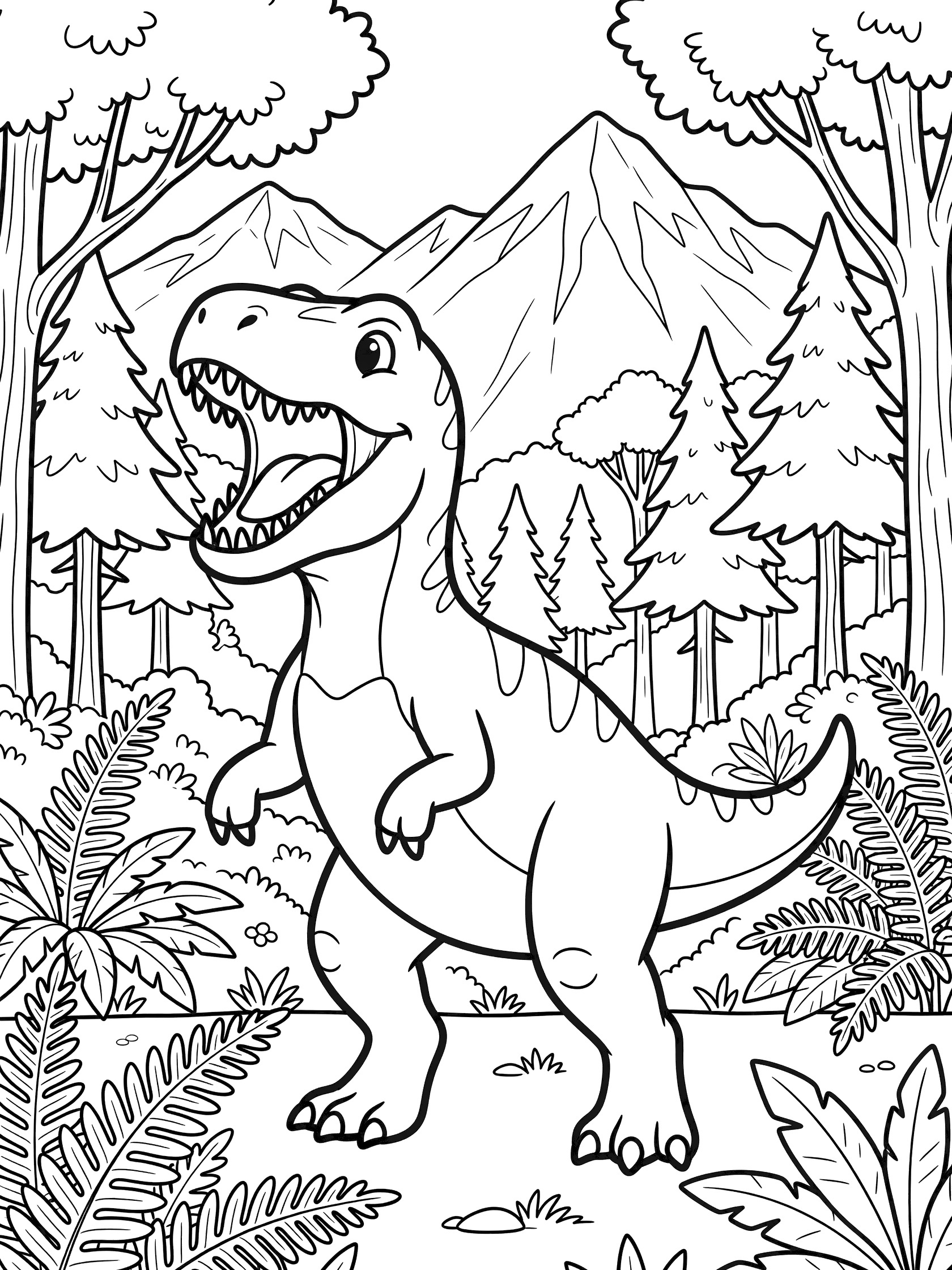 Black and white coloring page showing a cartoon Tarbosaurus dinosaur rearing up and roaring fiercely amid prehistoric ferns, trees, and distant mountains.