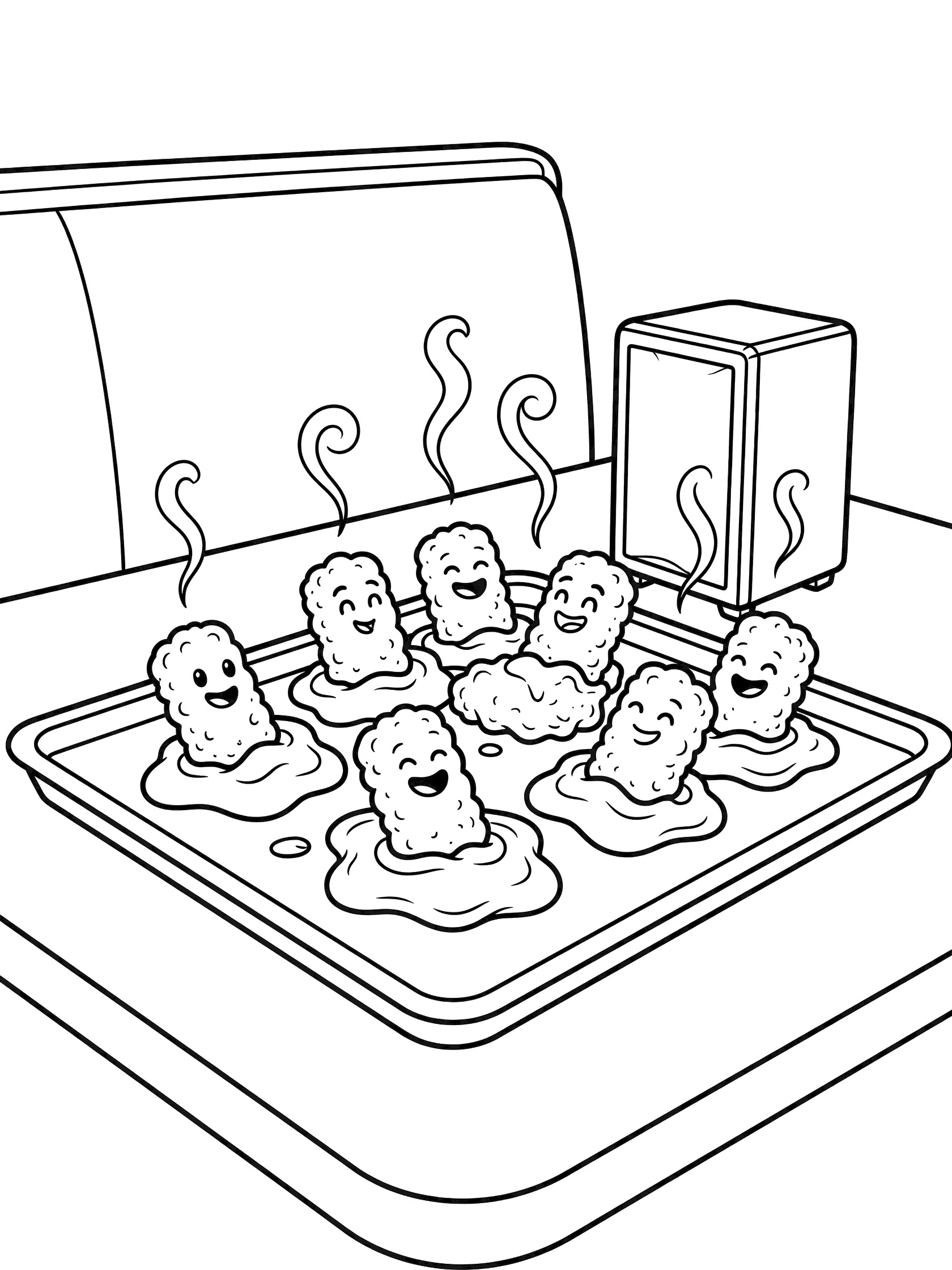 Printable coloring page showing smiling cylindrical tater tots dipping in sauce puddles on a fast food tray at a diner booth with steam rising.