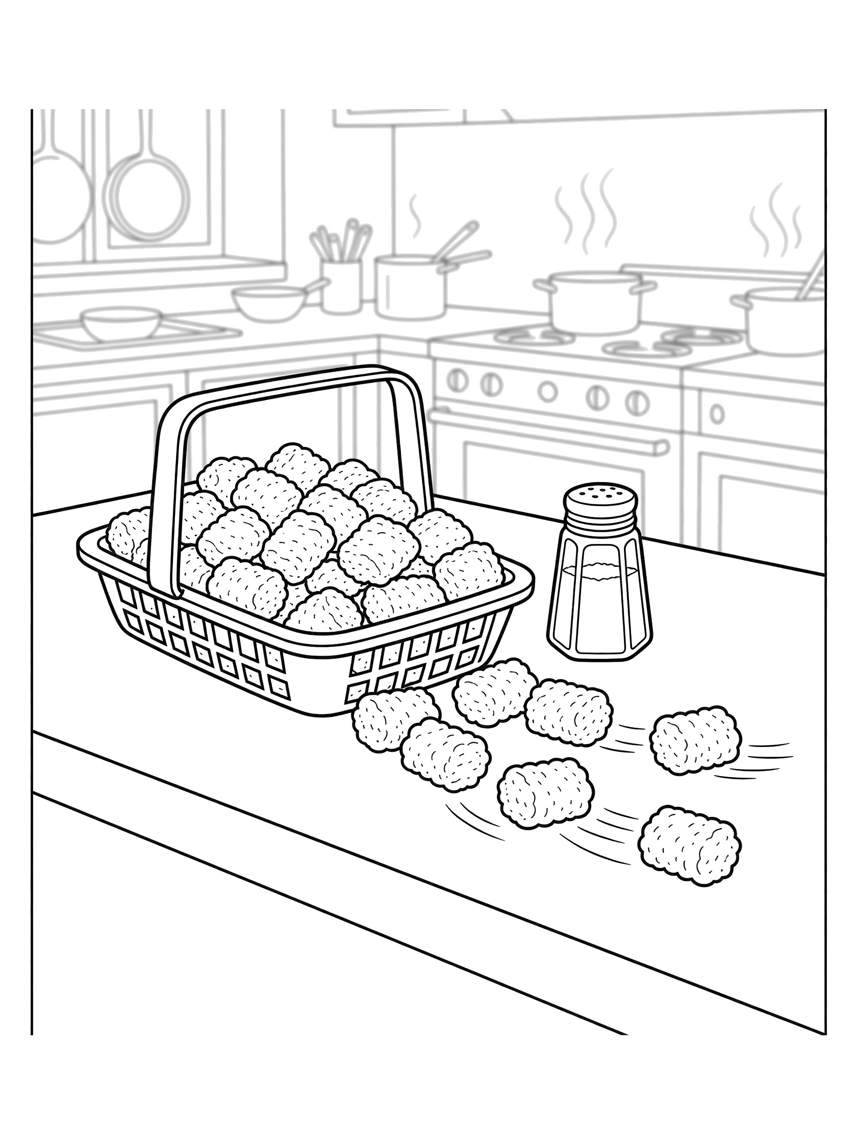 Line art coloring page showing a fry basket full of tater tots spilling over the edge onto a counter next to a salt shaker in a kitchen scene.