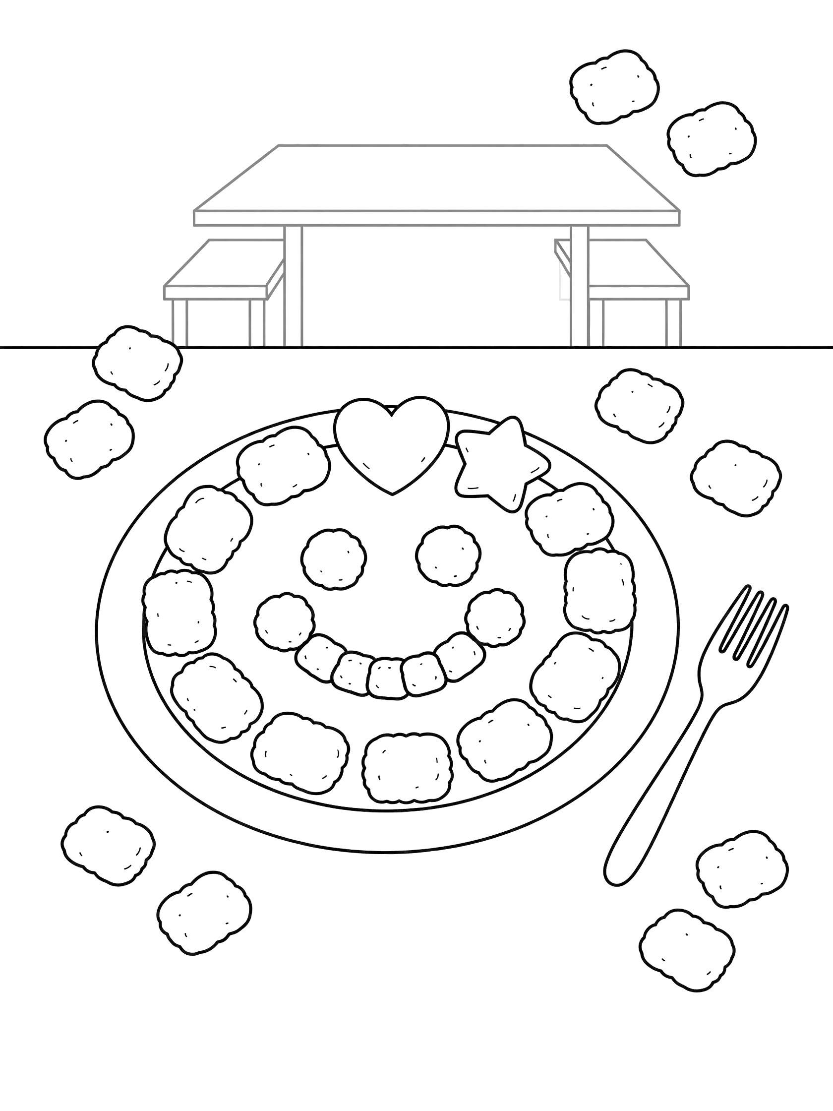 Printable coloring page showing tater tots arranged into a happy smiling face with hearts and stars on a round plate, fork nearby, scattered tots, and picnic table background.