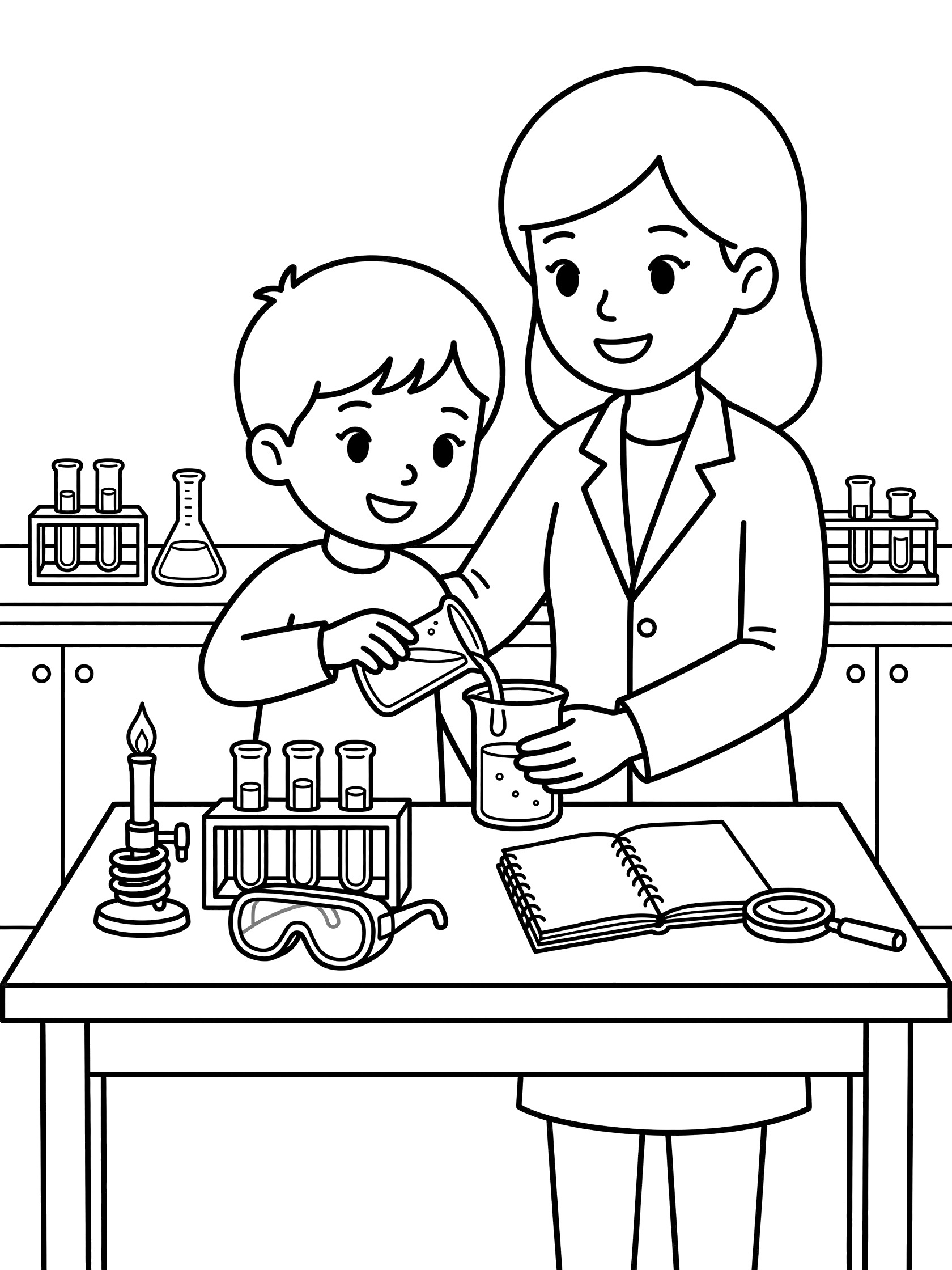 Black and white line art of a teacher in a lab coat guiding a smiling child pouring liquid from a beaker into another during a school science experiment, with test tubes, magnifying glass, goggles, Bunsen burner, and notebooks on the table.
