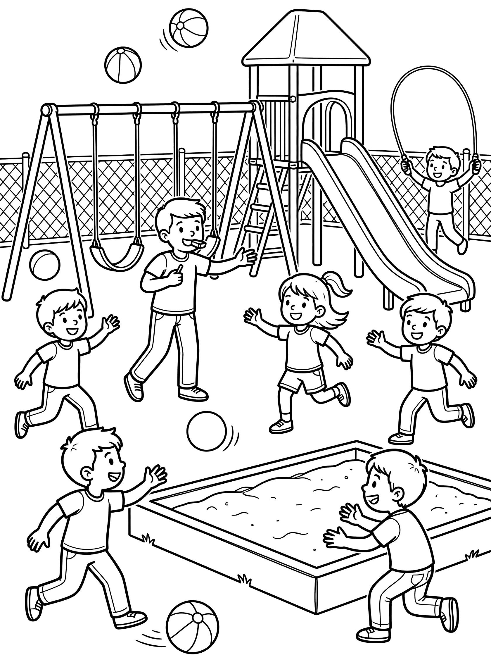 Black and white line art of a teacher blowing whistle while kids play tag around playground swings, slide, sandbox, balls and jump ropes