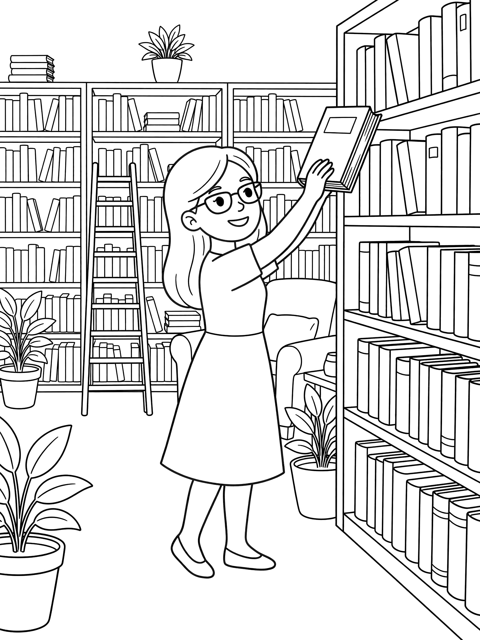 Line art coloring page showing a teacher with long hair and glasses holding a book up to a tall library shelf surrounded by bookcases, ladder, potted plants, and armchair.