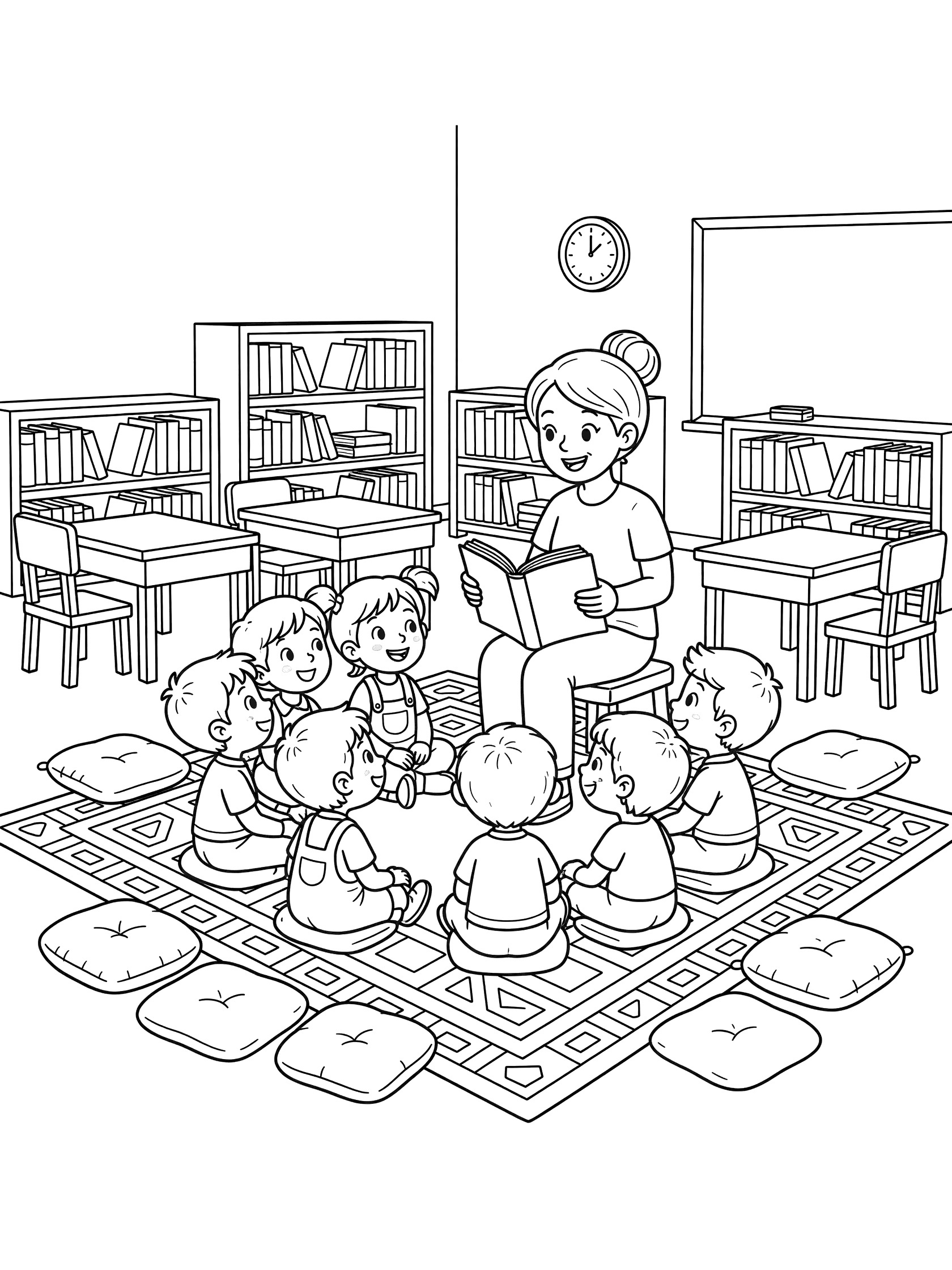 Black and white line art coloring page showing a smiling teacher sitting on a stool reading an open book to seated children on a rug in a classroom with desks and bookshelves.