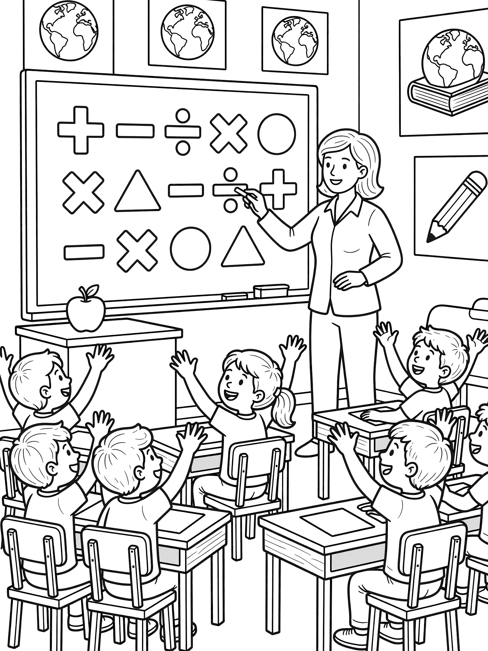 Black and white line art of a teacher writing math on chalkboard with excited students raising hands at desks, apple and posters in classroom