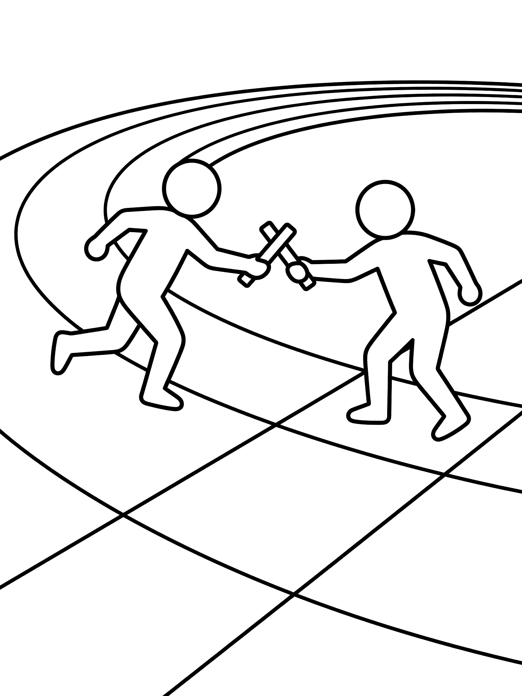 Black and white line art of relay runners on a curved track passing a baton to each other in the team exchange zone.