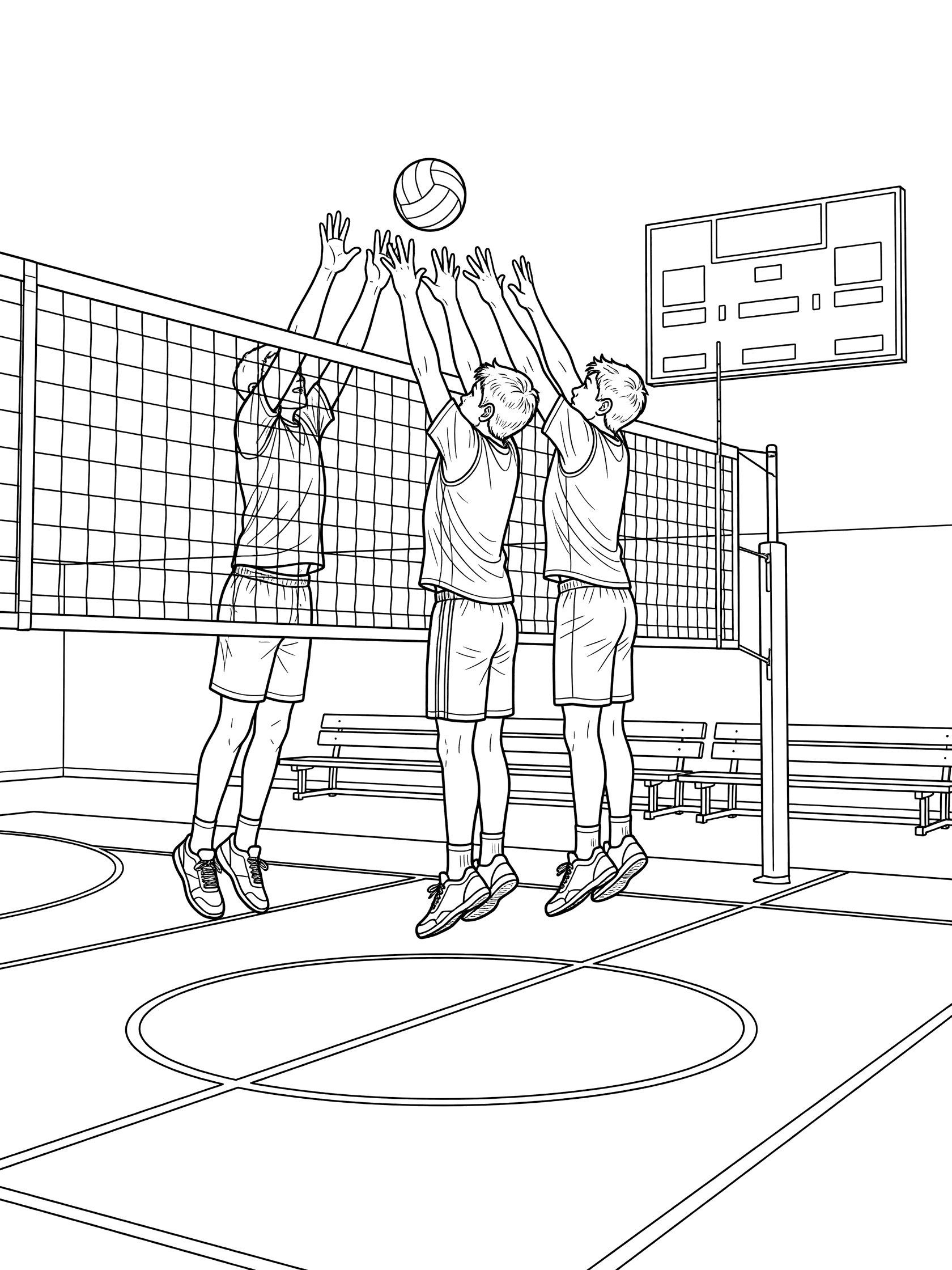Black and white line art of three volleyball players jumping together to block the ball at the net on a school gym volleyball court with scoreboard and benches.