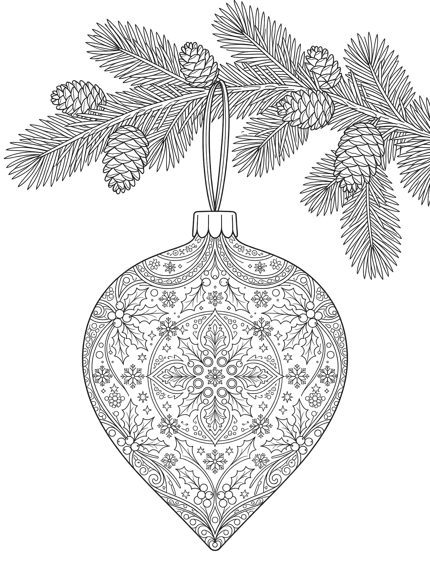Black and white line art of teardrop-shaped ornament with holly, berries, snowflakes and stars on a curved pine branch coloring page