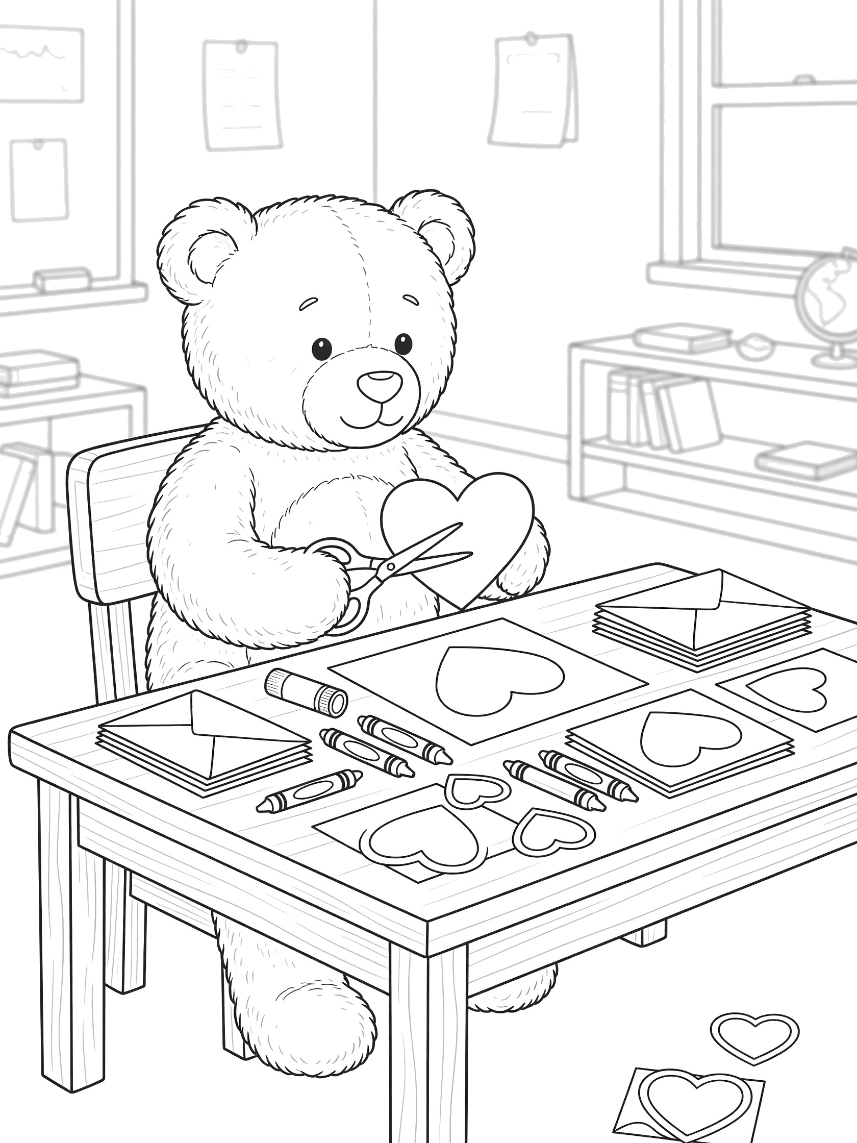 Black and white line art of a teddy bear sitting at a wooden table, using scissors to cut heart shapes for Valentine's cards, with crayons, paper, heart stickers, and envelopes nearby.