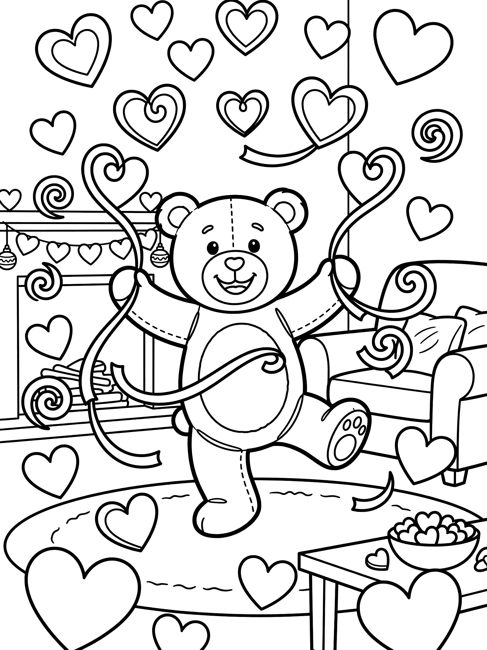 Black-and-white line art of a teddy bear dancing joyfully holding colorful heart streamers, surrounded by swirling hearts in a festive living room with Valentine's decor.