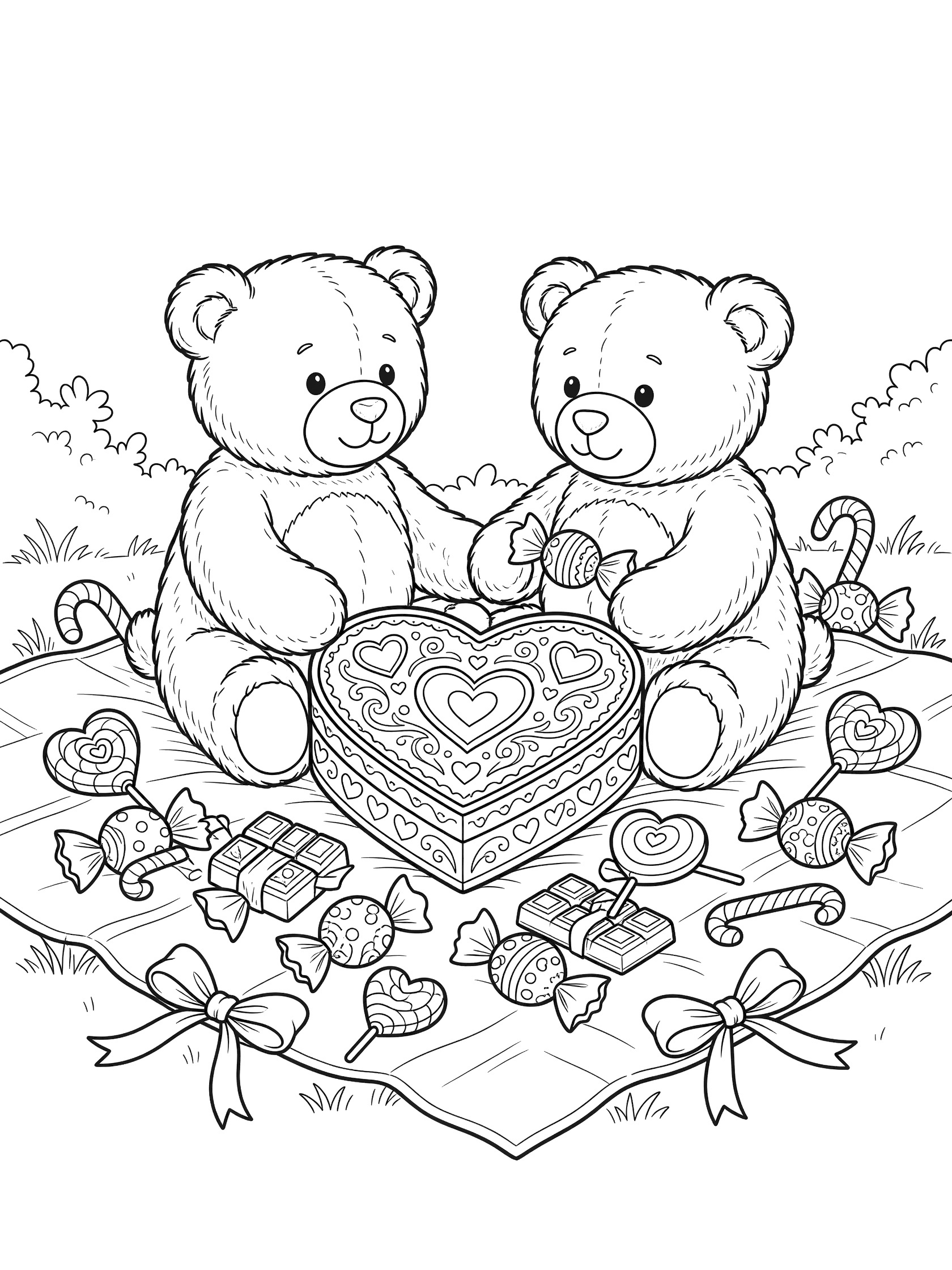 Black and white line art of two teddy bears sitting on a picnic blanket, sharing chocolates from a large heart box surrounded by wrapped candies, lollipops, and ribbons.