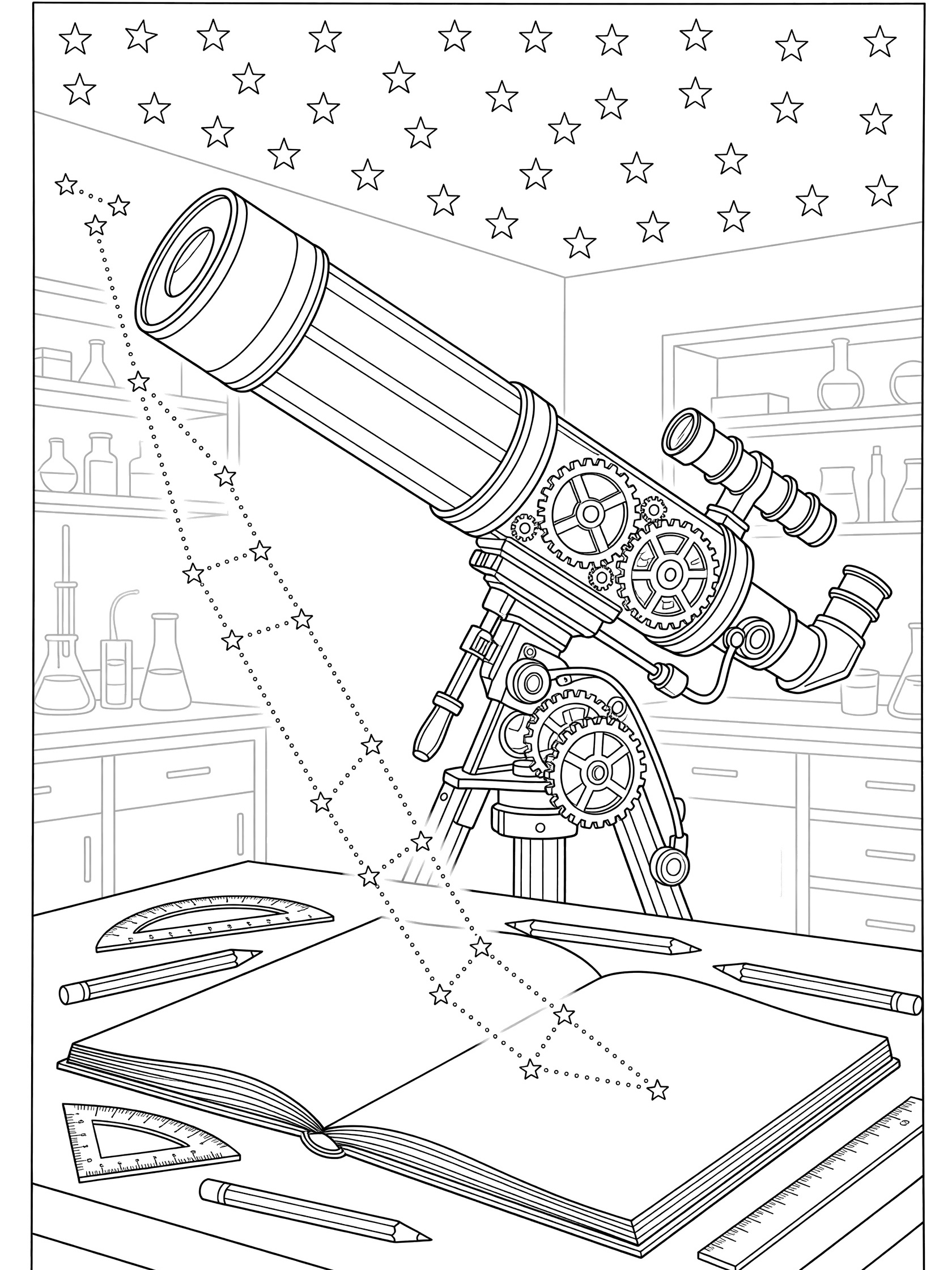 Line art coloring page showing a detailed telescope aimed at glow-in-the-dark stars on the lab ceiling, projecting constellation lines onto an open sketchpad with pencils and protractor nearby.