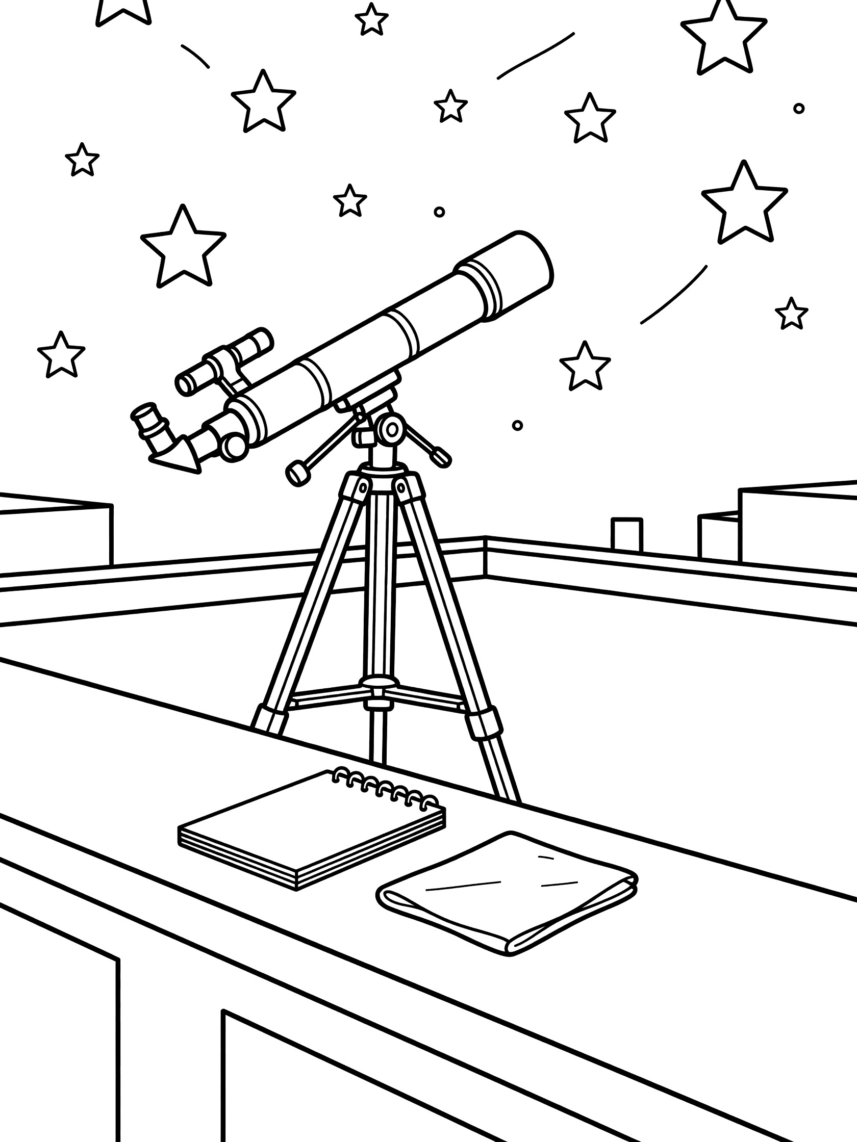 Black and white line art of a telescope on adjustable mount scanning stars on a rooftop with lab notepad and starry night sky