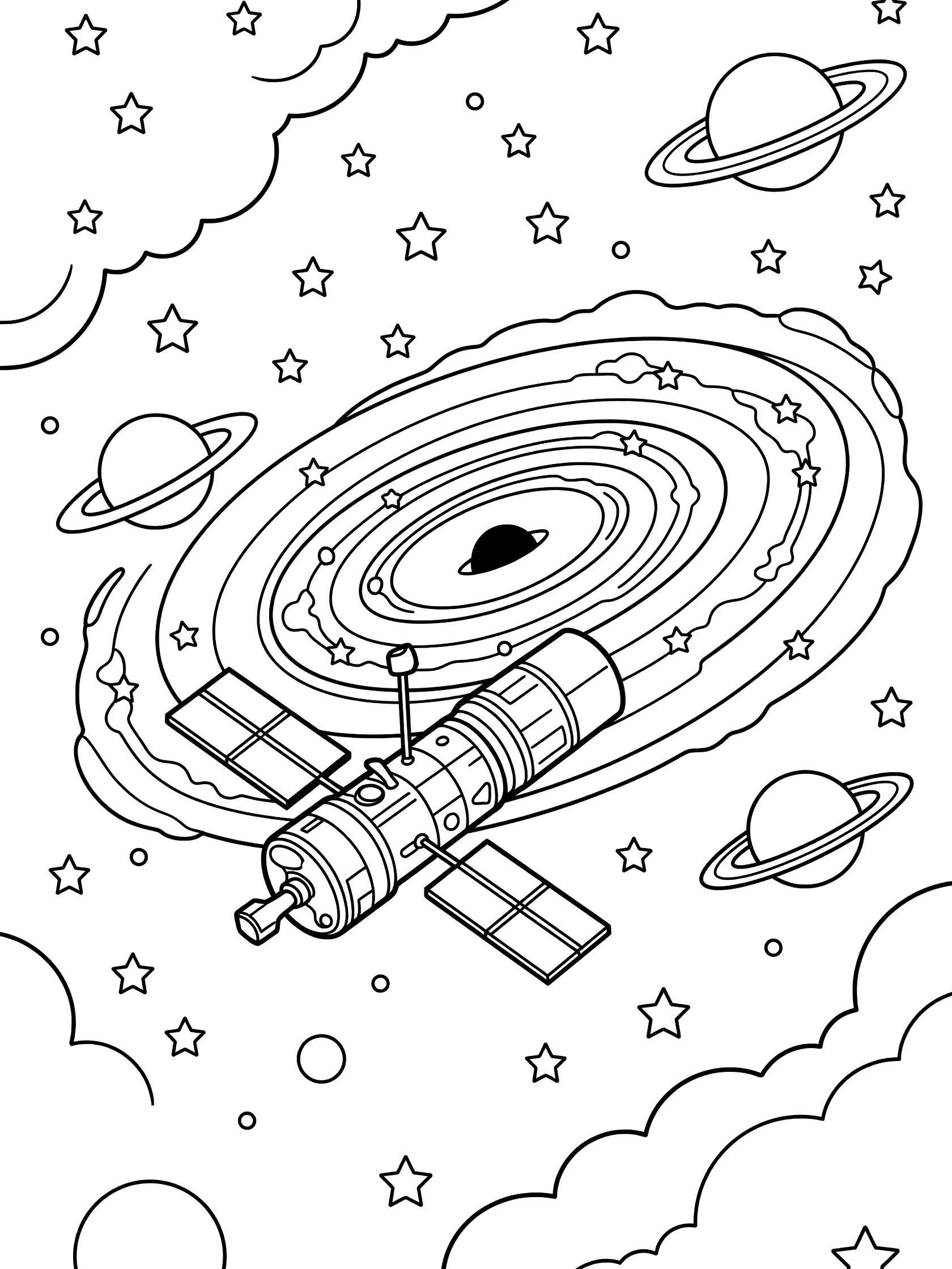Line art coloring page showing a large space telescope pointing at a central black hole in a spiral galaxy with orbiting planets and stars.