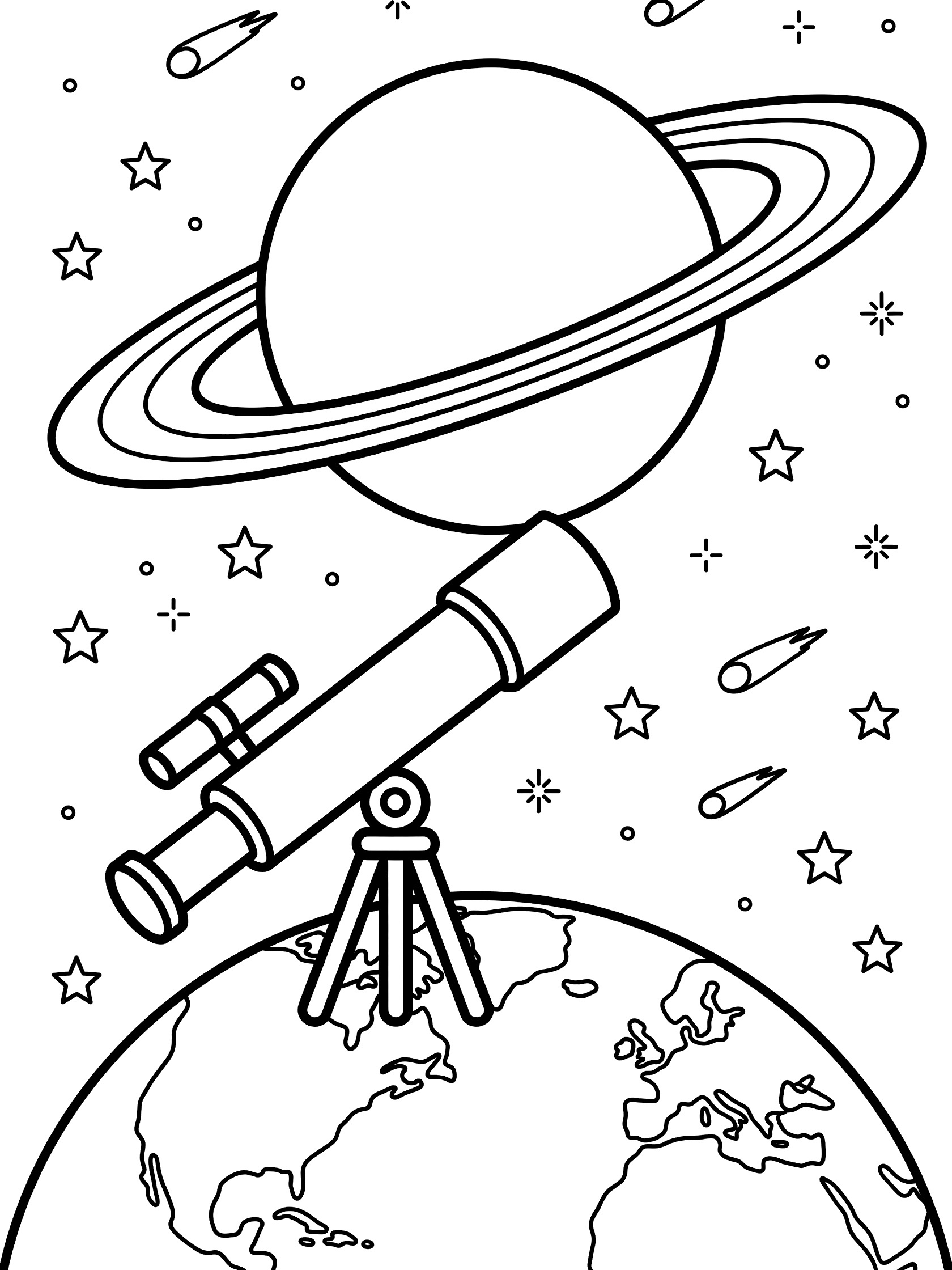 Black and white line art coloring page showing a large telescope on Earth pointed at Uranus planet with rings, surrounded by stars and comets in galaxy scene