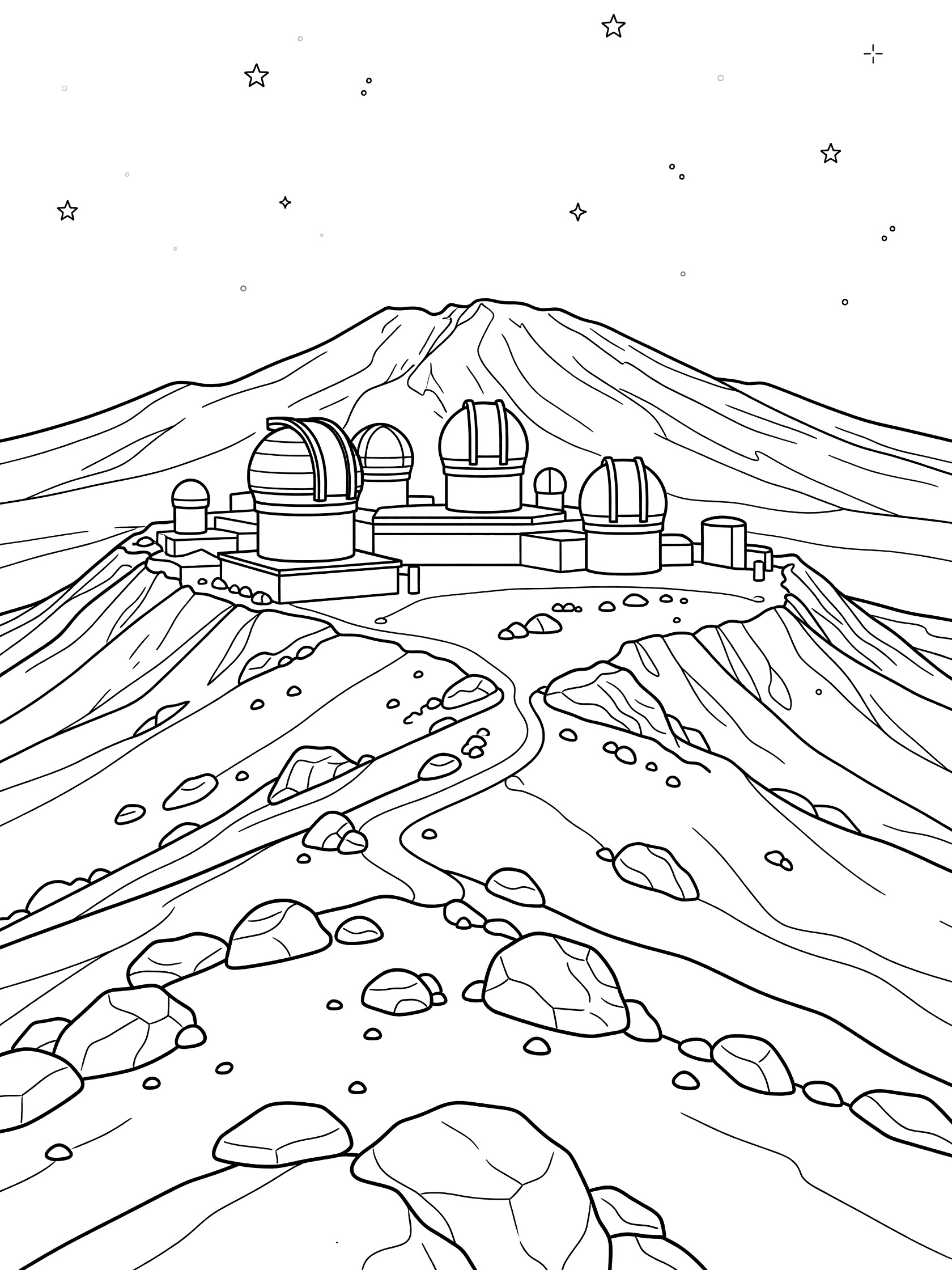 Black and white line art coloring page showing several large dome-shaped telescopes on the flat top of a mountain, rocky slopes below, and scattered stars above. Mauna Kea themed black and white printable line art