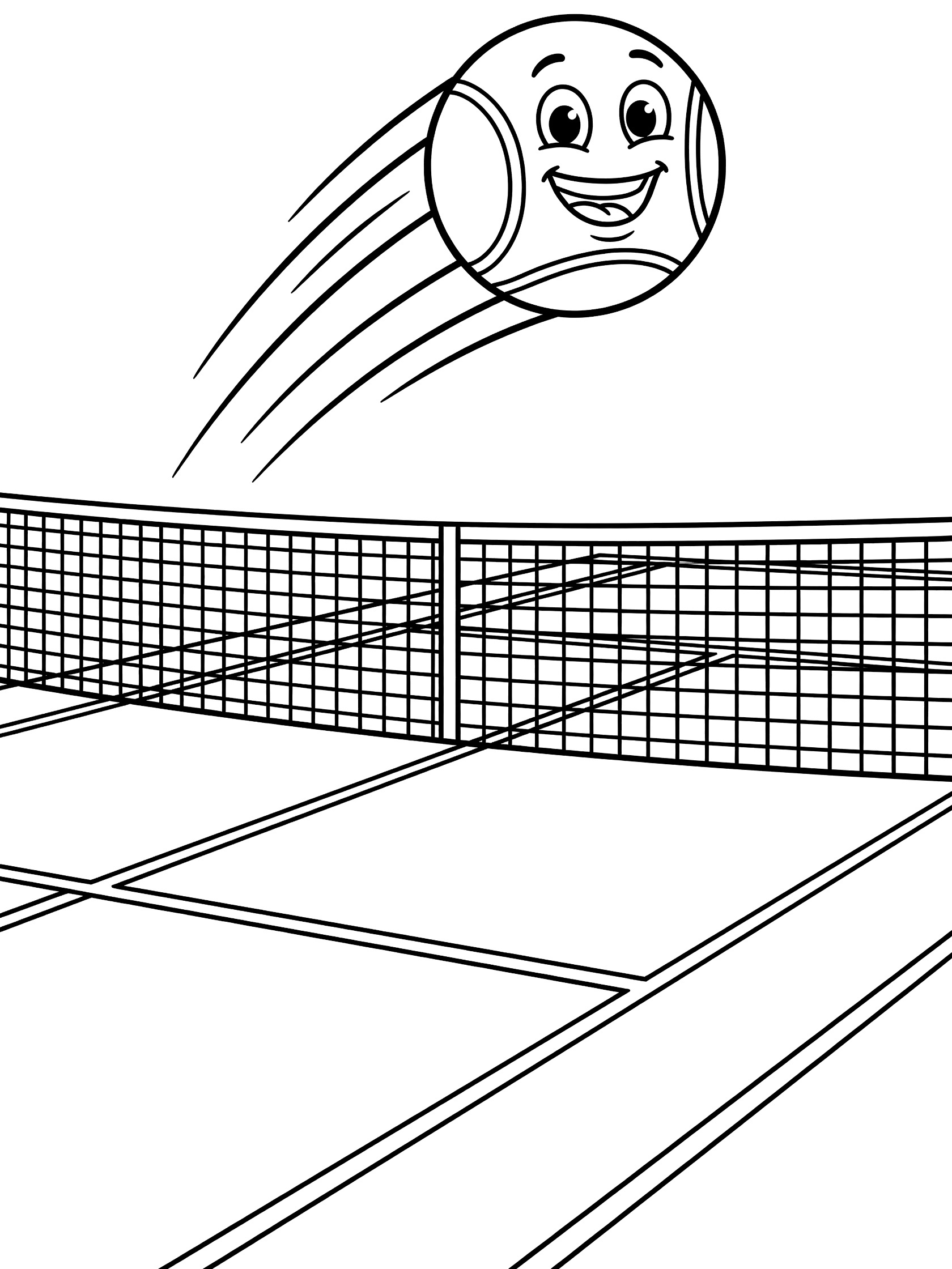 Black and white coloring page showing a cheerful tennis ball with eyes and smile soaring over a tennis net with motion trails, on a court with visible lines.