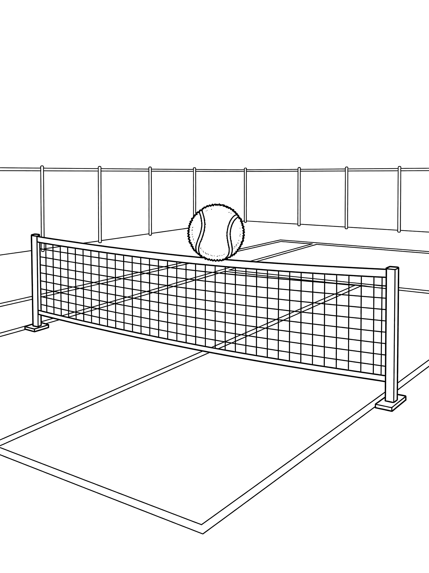 Black and white line art coloring page showing a tennis ball teetering precariously on top of a tennis net with sturdy posts, simple court outline, and background fence
