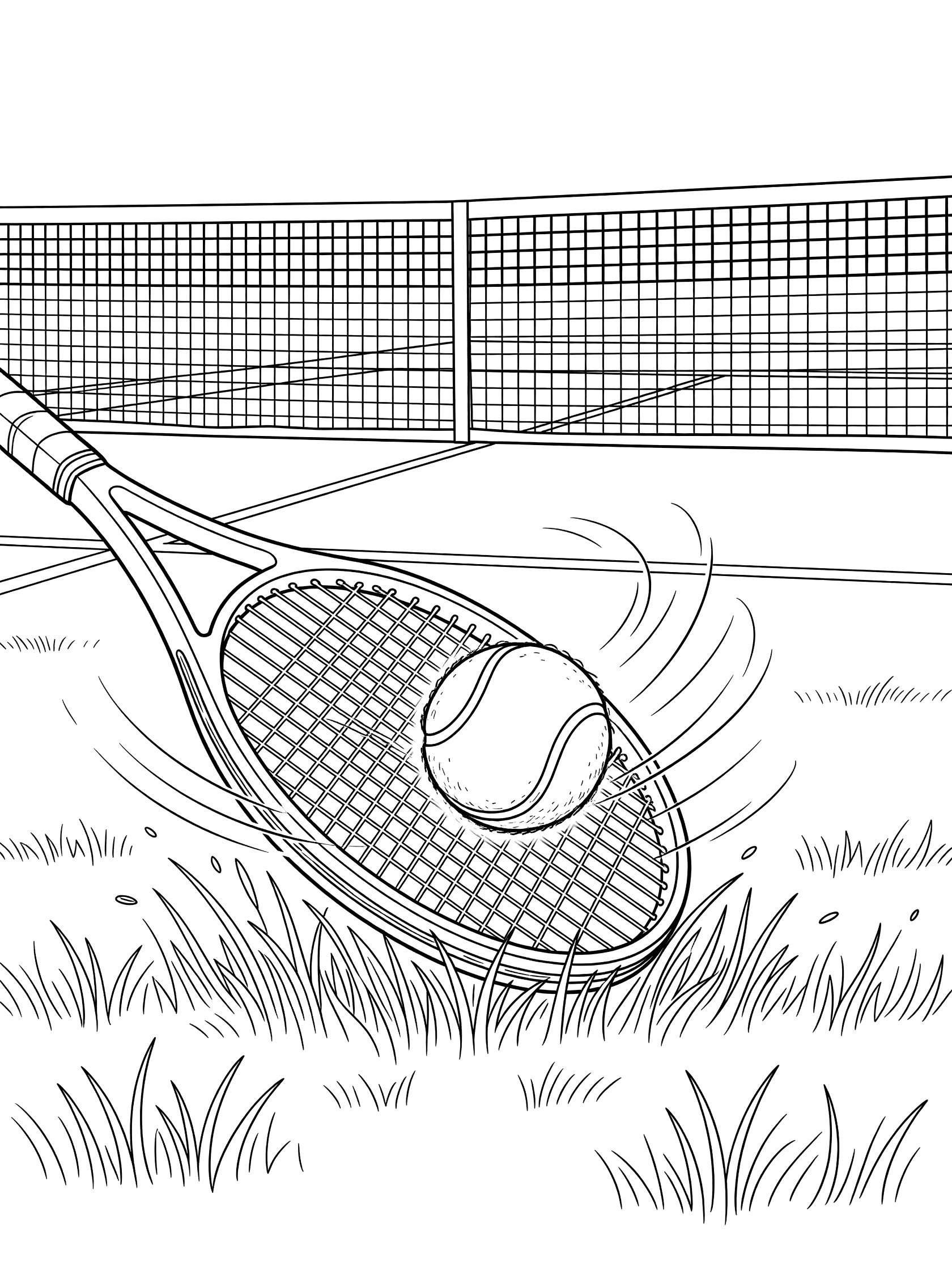Black and white line art of a tennis ball spinning with curved trails after hitting a tennis racket on grass, with net in background