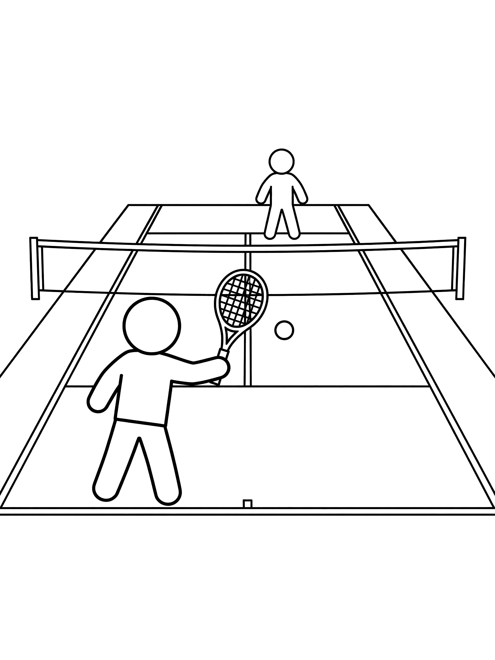 Line art coloring page showing tennis court, player volleying ball at net with racket, opponent watching from baseline