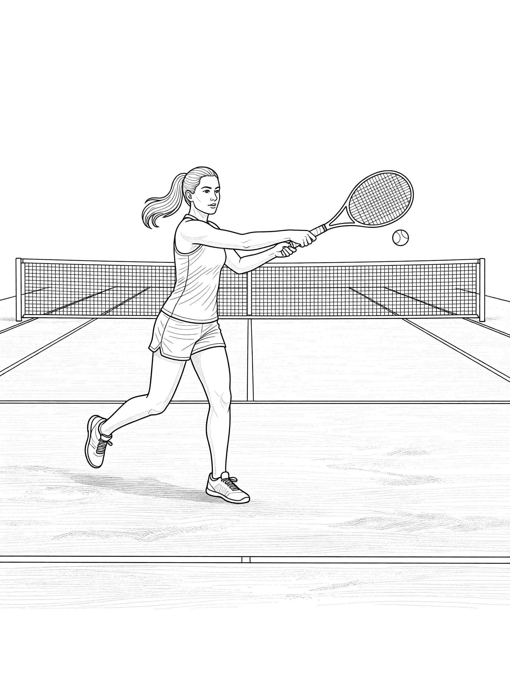 Black and white line art of a female tennis player with ponytail hitting forehand stroke, racket on ball near net on clay court.