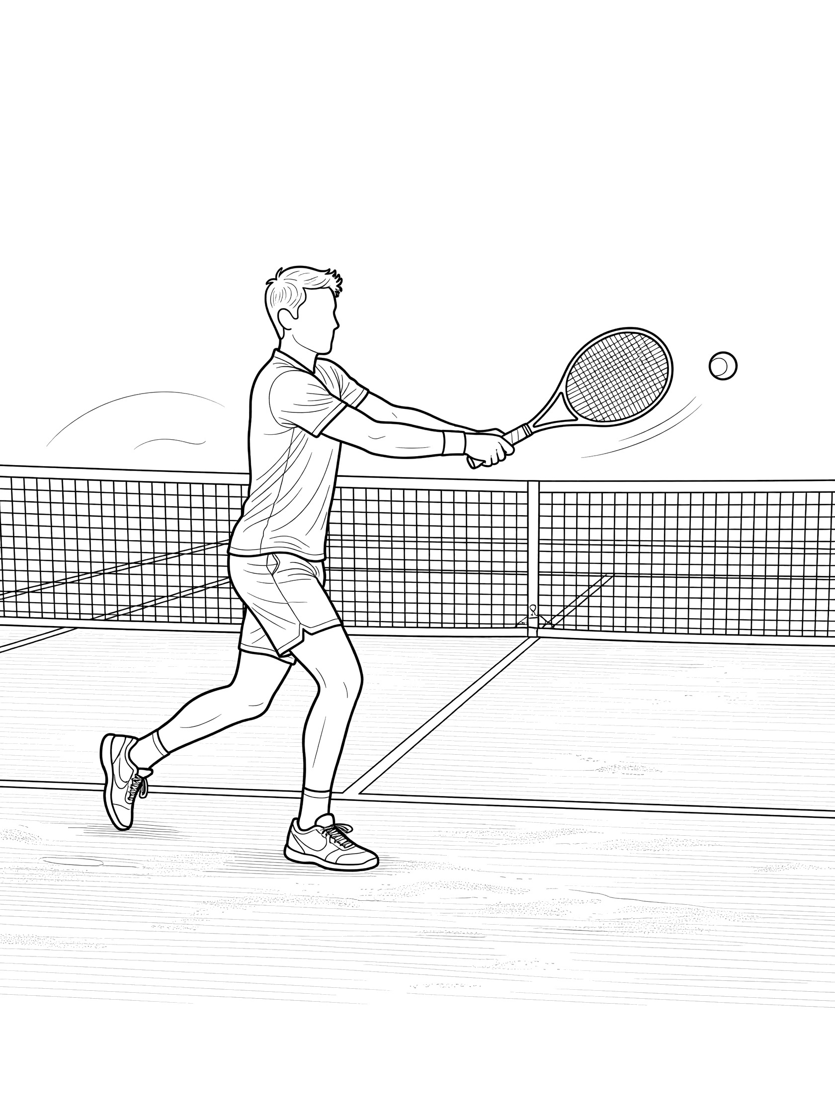 Black and white coloring page showing a tennis player swinging a tennis racket to hit the ball over the net in a forehand stroke on a clay court.