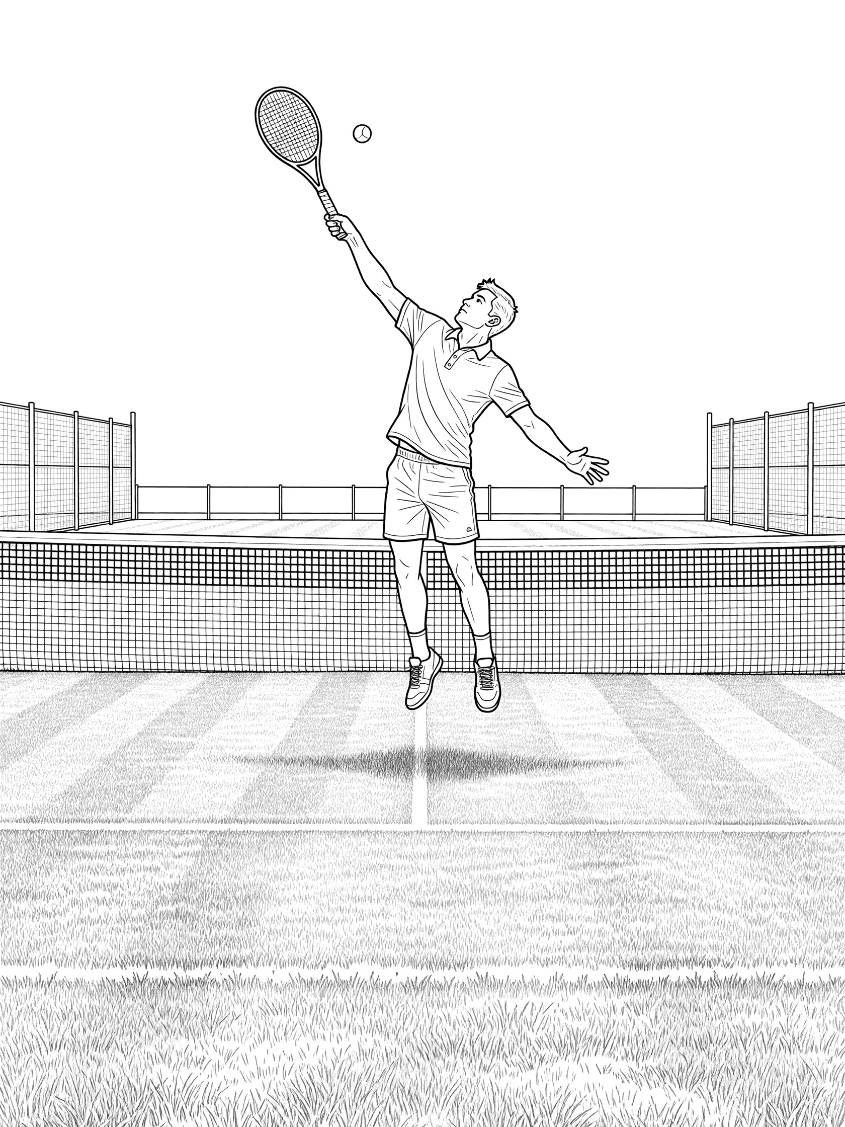Black and white coloring page of a tennis player jumping for an overhead smash, racket hitting high ball above net on grass tennis court with fences.