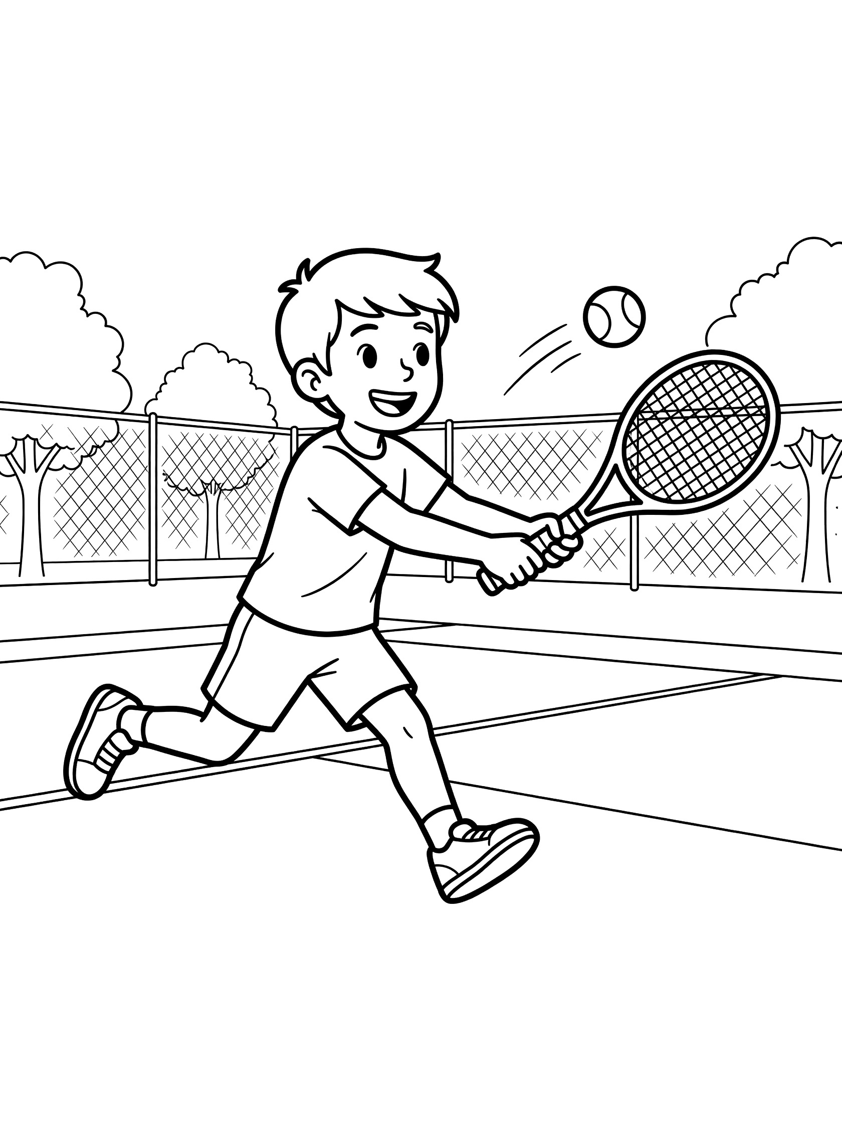 Black and white line art of a tennis player running for a backhand return, racket out to hit the bouncing tennis ball on a park court with fence and trees.