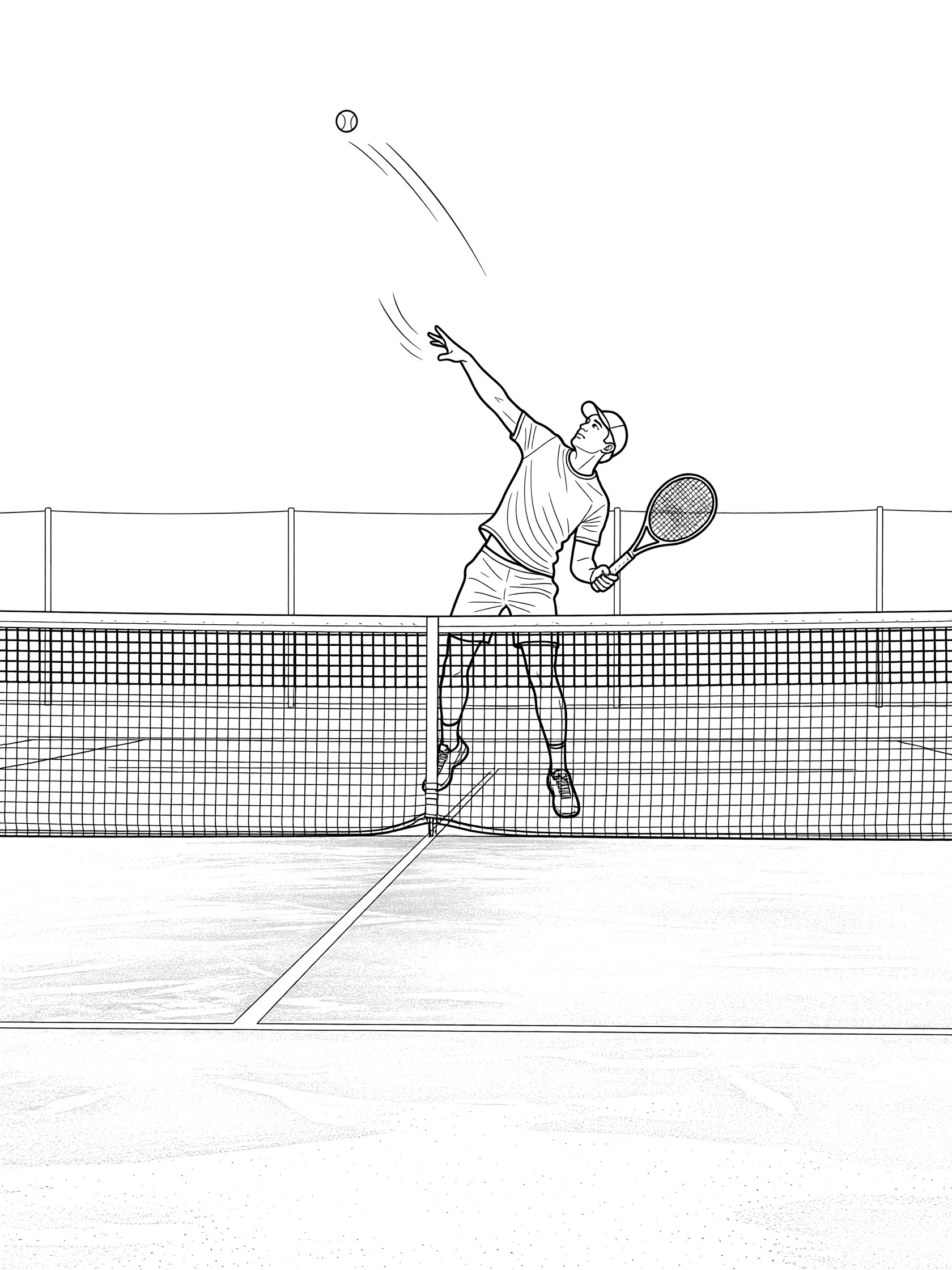 Black and white coloring page showing a tennis player mid-serve tossing a ball over the tennis net with racket back, on a clay court with mesh net texture.