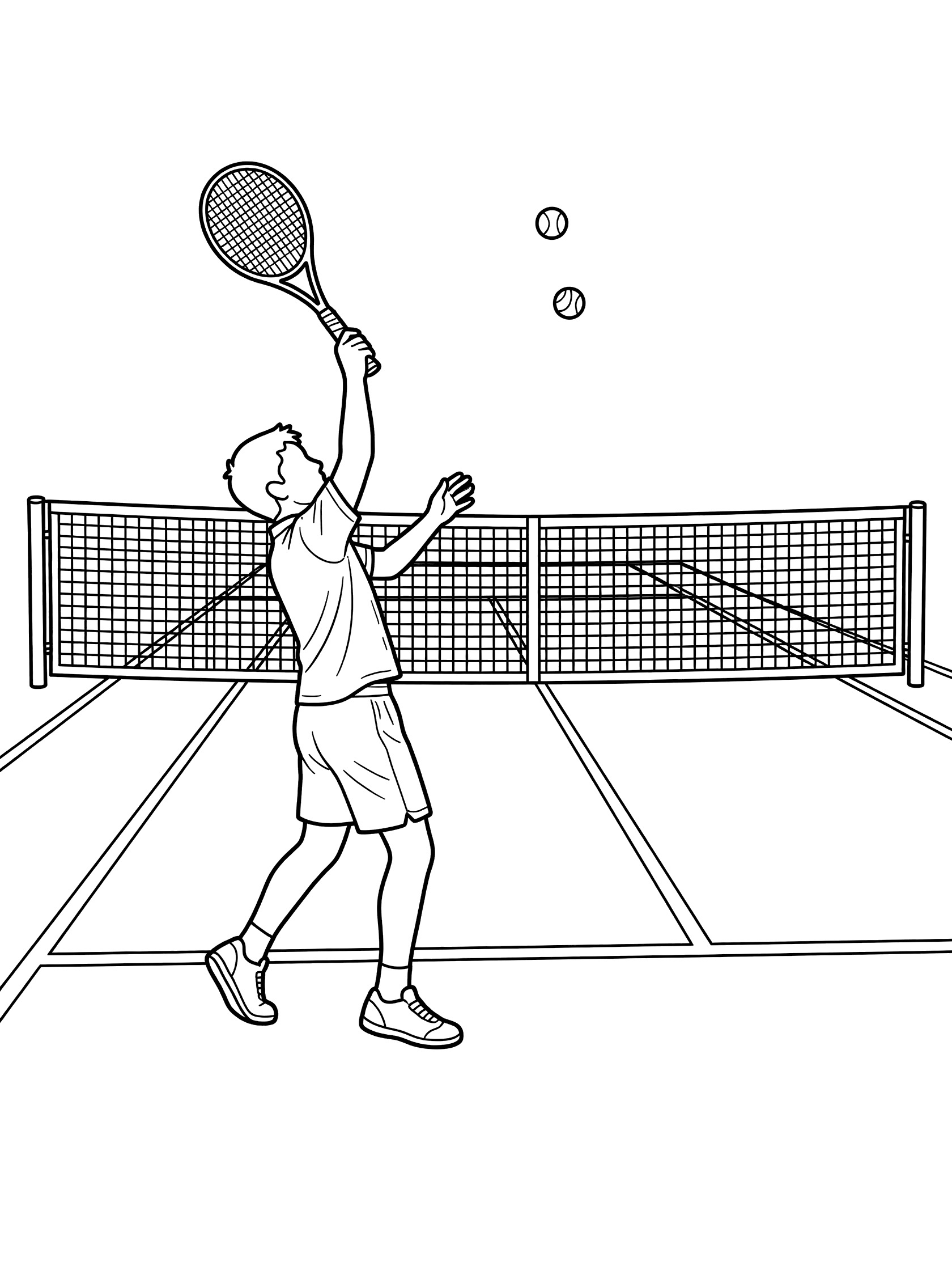 Black and white coloring page of a tennis player mid-serve with racket raised high, ball in air over net on outdoor court