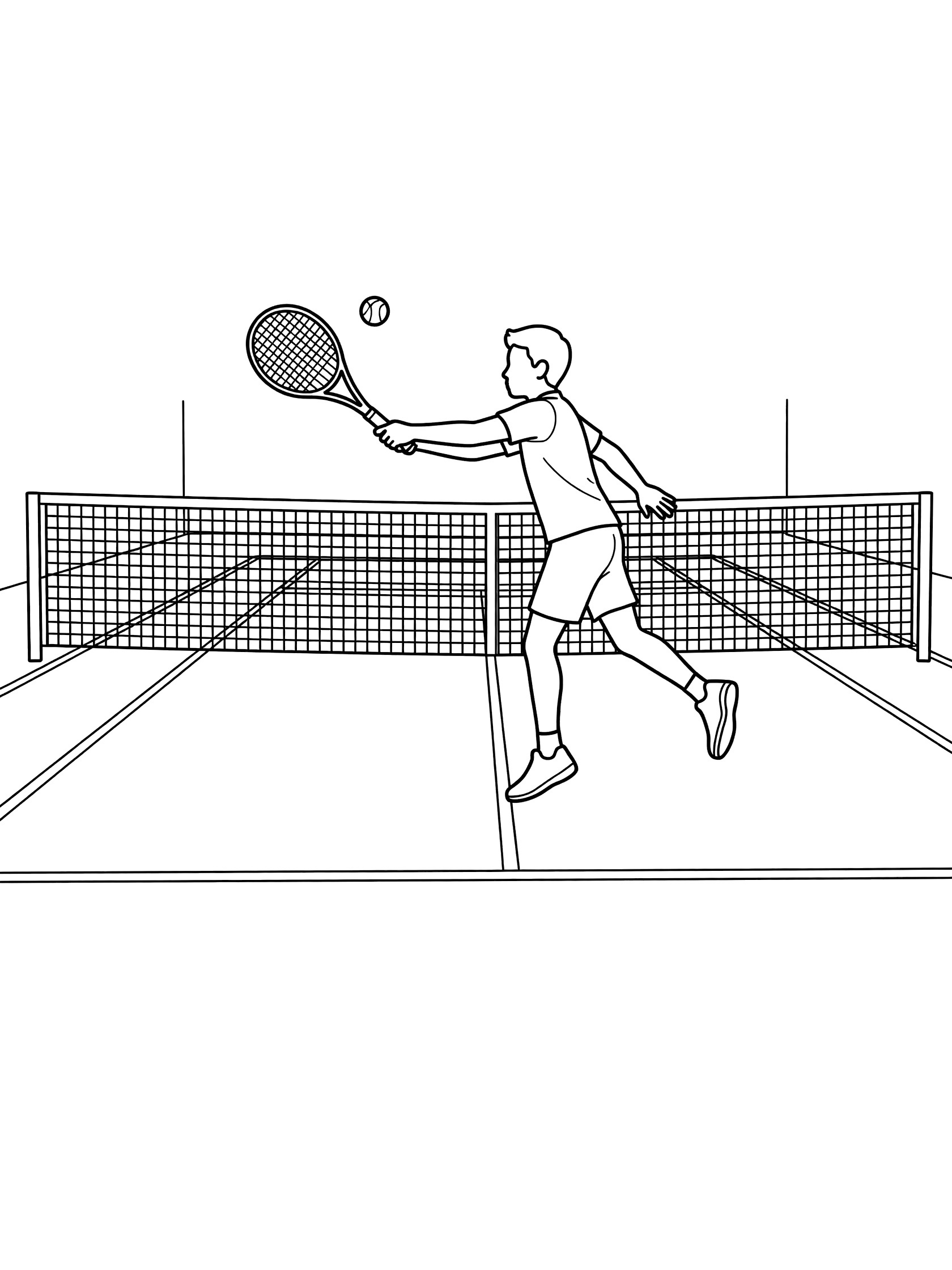 Line art coloring page showing a boy tennis player jumping to hit a volley shot close to the top of the tennis net with racket extended.
