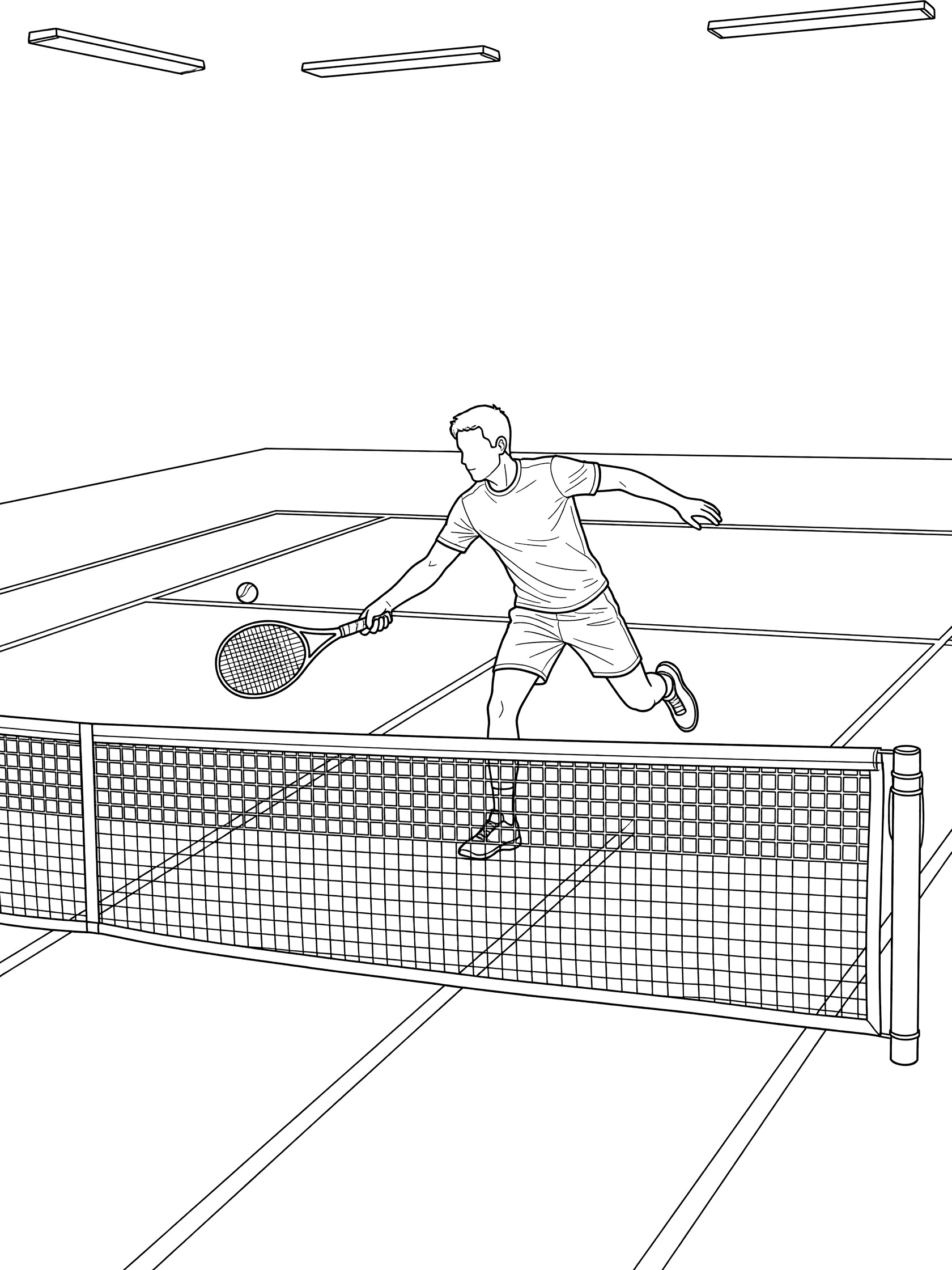 Black-and-white line art of a tennis player volleying a ball mid-air with tennis racket close to the net on indoor court with lights and lines.