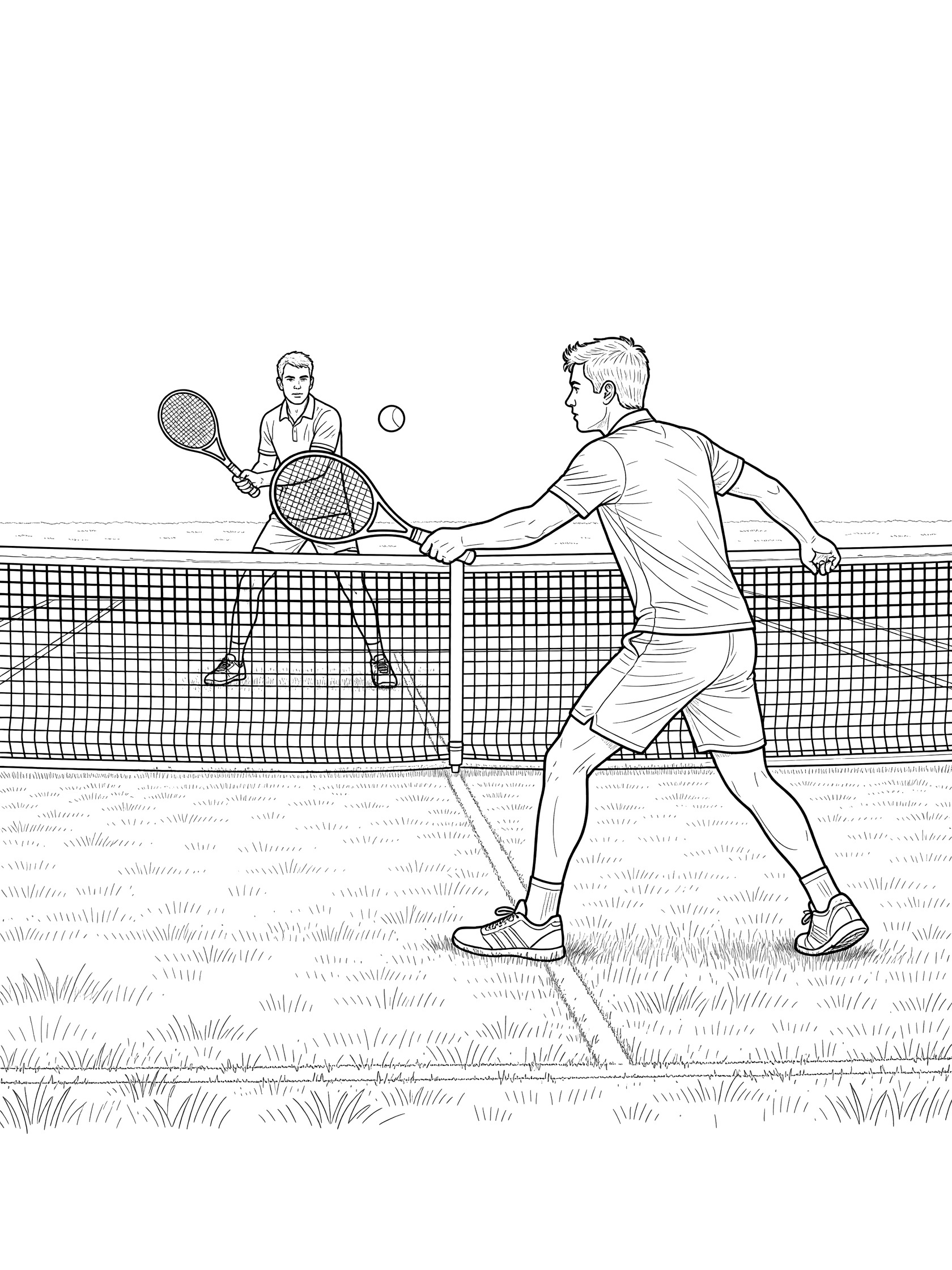Line art coloring page showing tennis net with two players rallying the ball back and forth on grass court
