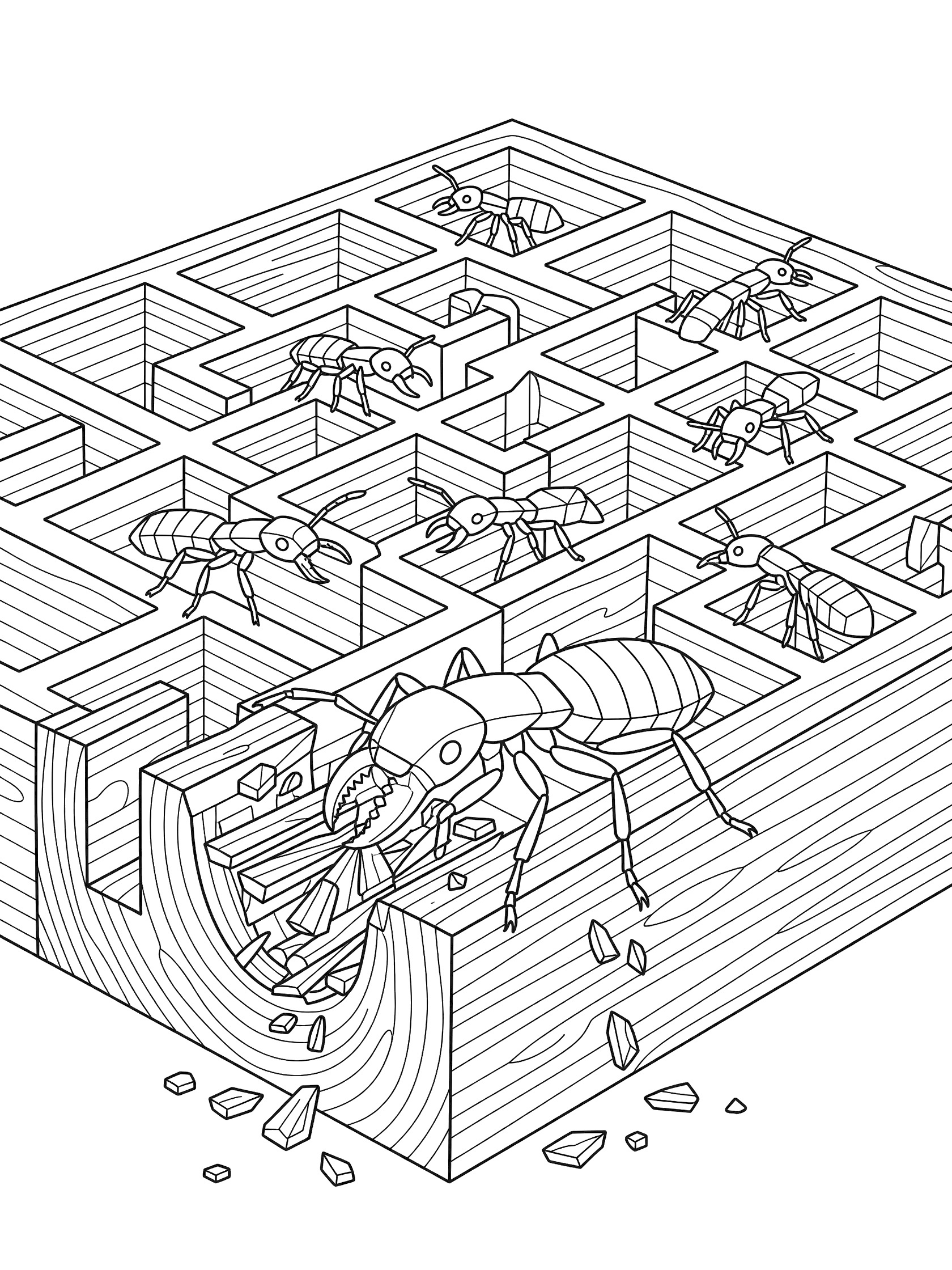 Black and white coloring page showing termites crawling in tunnels inside a block of wood with wood chips falling out.