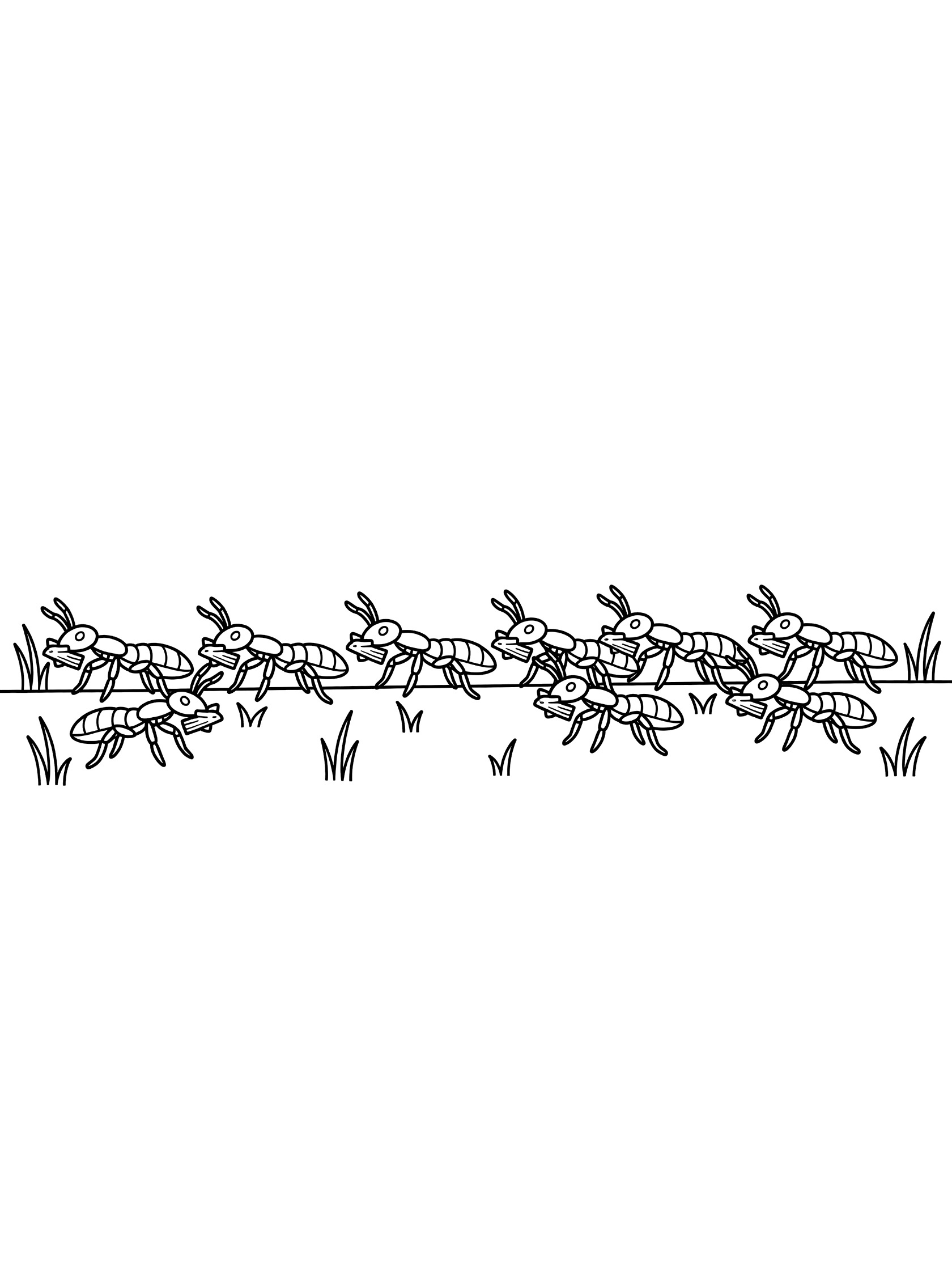 Black and white line art coloring page showing a line of termites carrying small wood pieces over ground with grass blades