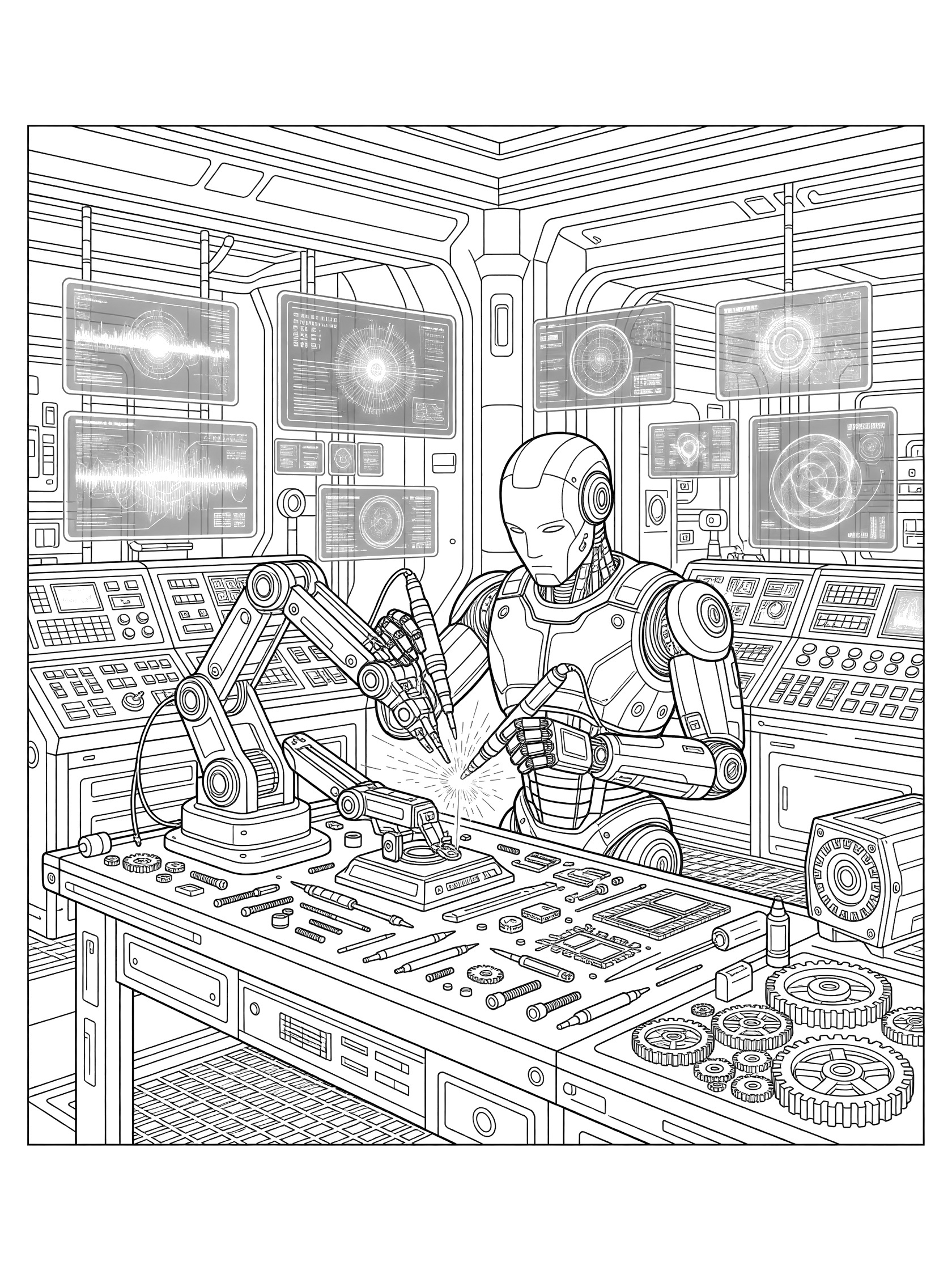 Tesla Optimus humanoid robot in futuristic lab assembling robot arm with tools amid circuits, gears, holographic screens, and control panels coloring page