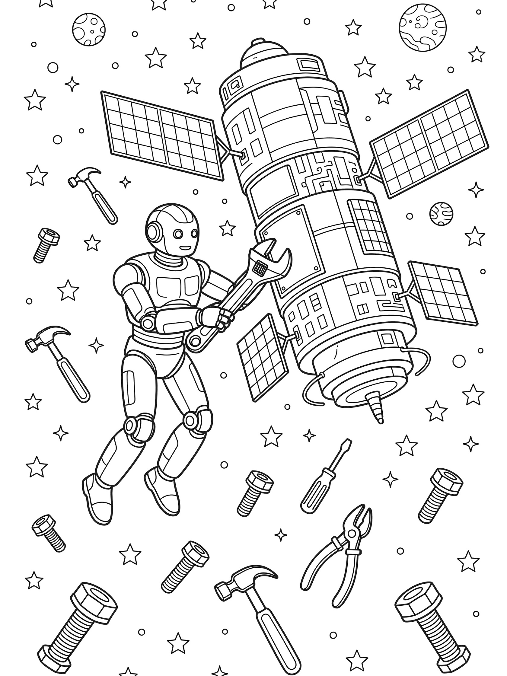 Black-and-white coloring page of Tesla Optimus humanoid robot using a wrench to repair large satellite panels in outer space with stars, planets, and floating tools.
