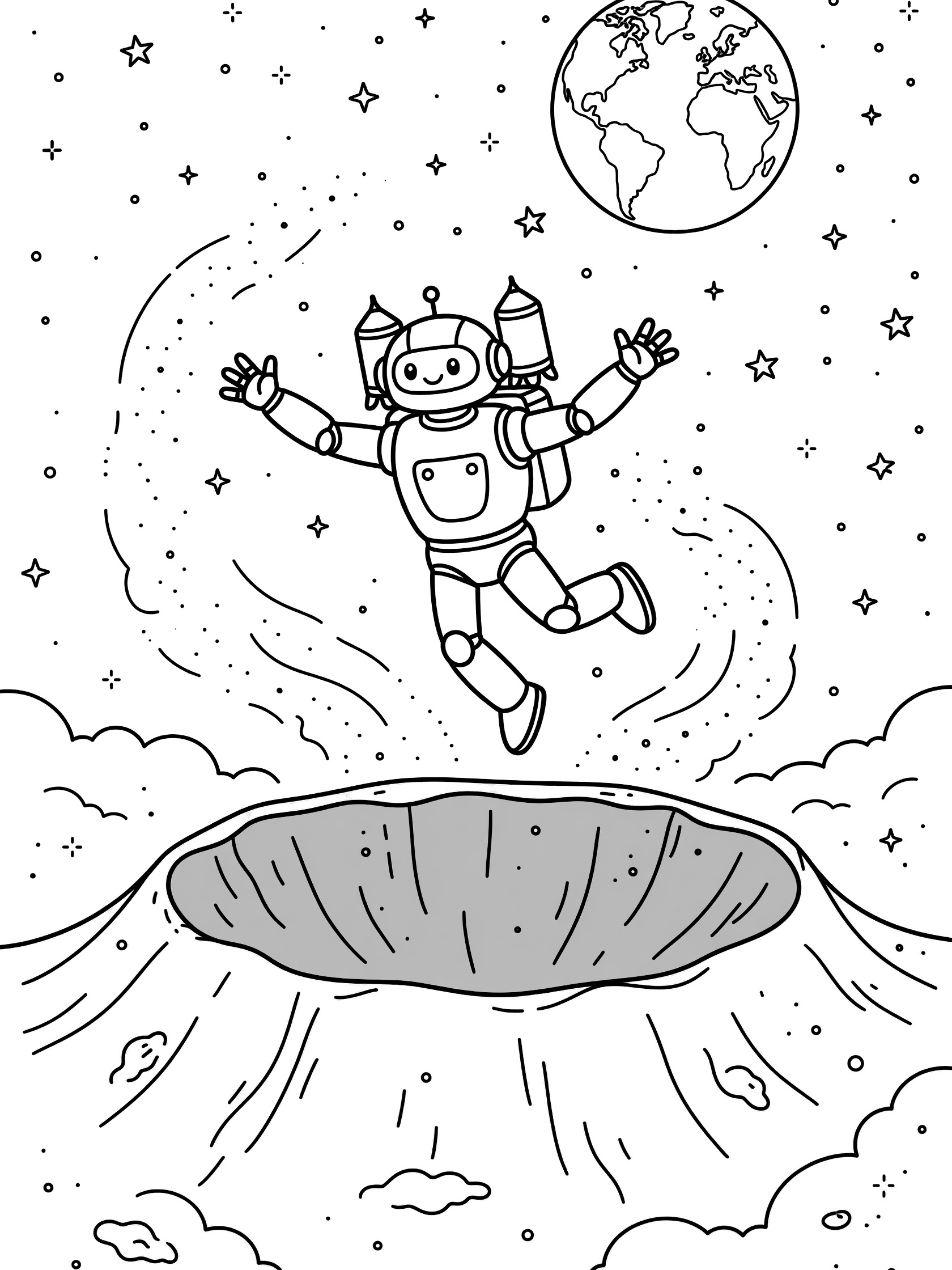 Black-and-white line art of Tesla Optimus humanoid robot with backpack jets flying above gray moon crater, arms outstretched, one leg raised, moon dust, stars, and Earth visible.