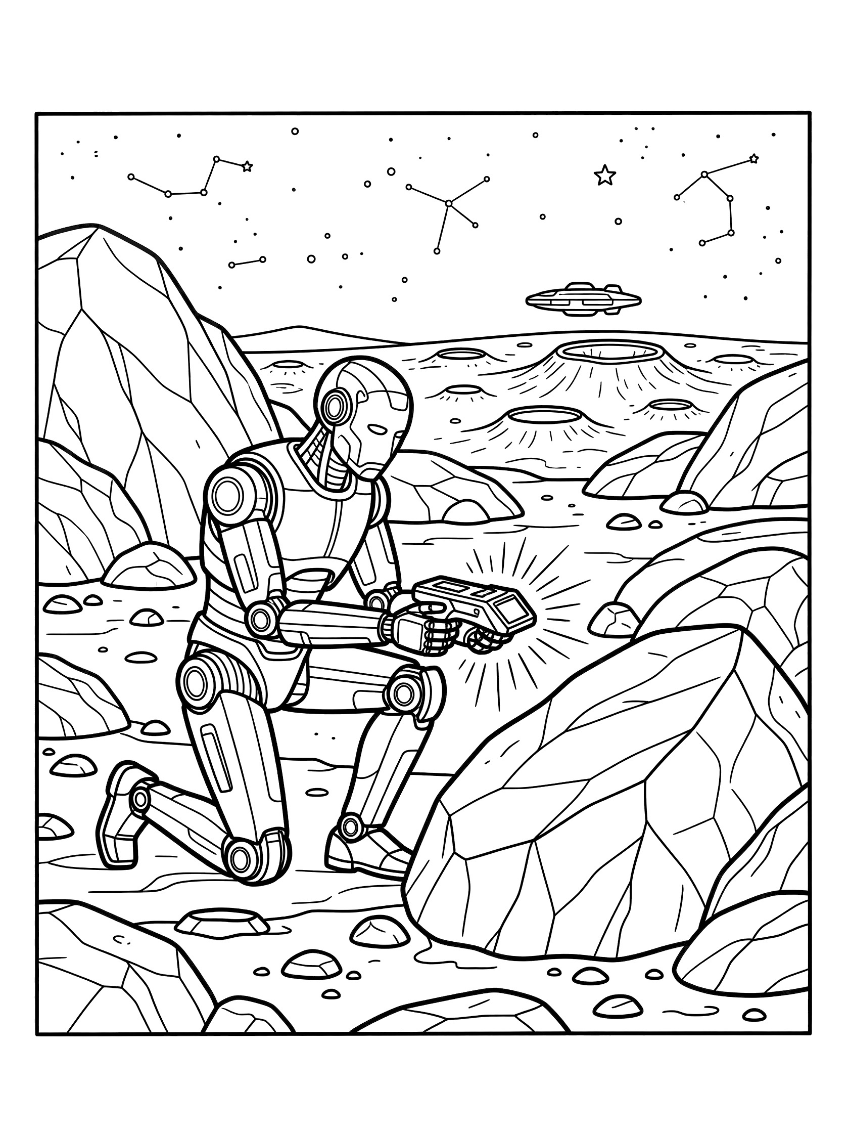 Black and white line art of Tesla Optimus humanoid robot on Mars, kneeling to scan large rocks with handheld scanner, distant spaceship and starry sky.