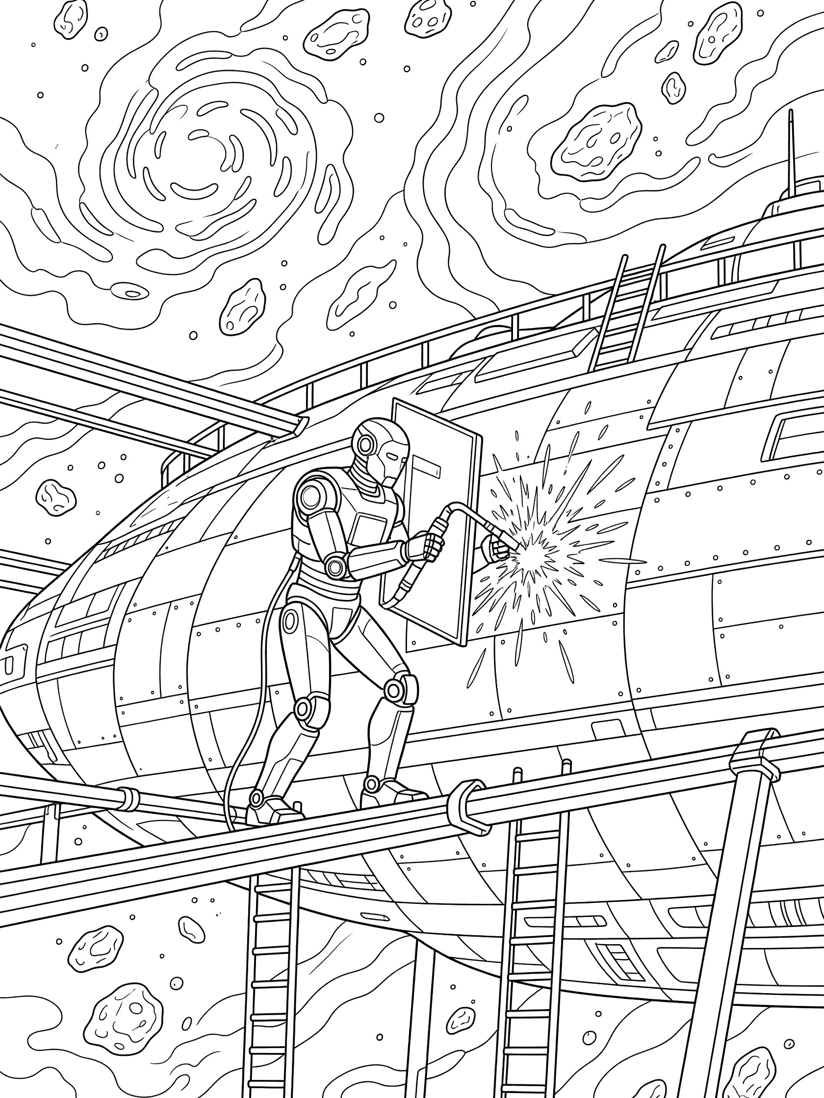 Black and white line art of Tesla Optimus humanoid robot sparking a welder on docked spaceship hull, holding shield, with orbital shipyard beams, ladders, asteroid debris, and nebulae.