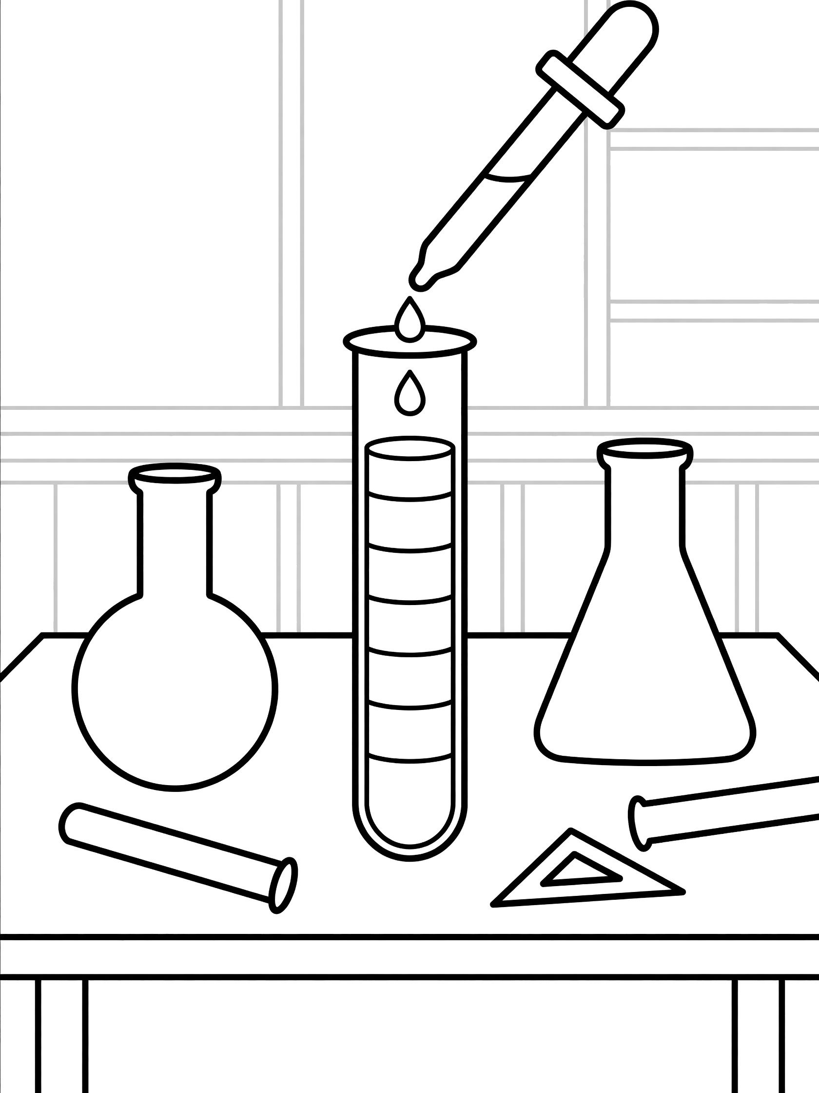 Black and white line art of a test tube showing color layers from a liquid experiment, with a dropper adding solution, flasks, beakers, and lab tools on a workbench.