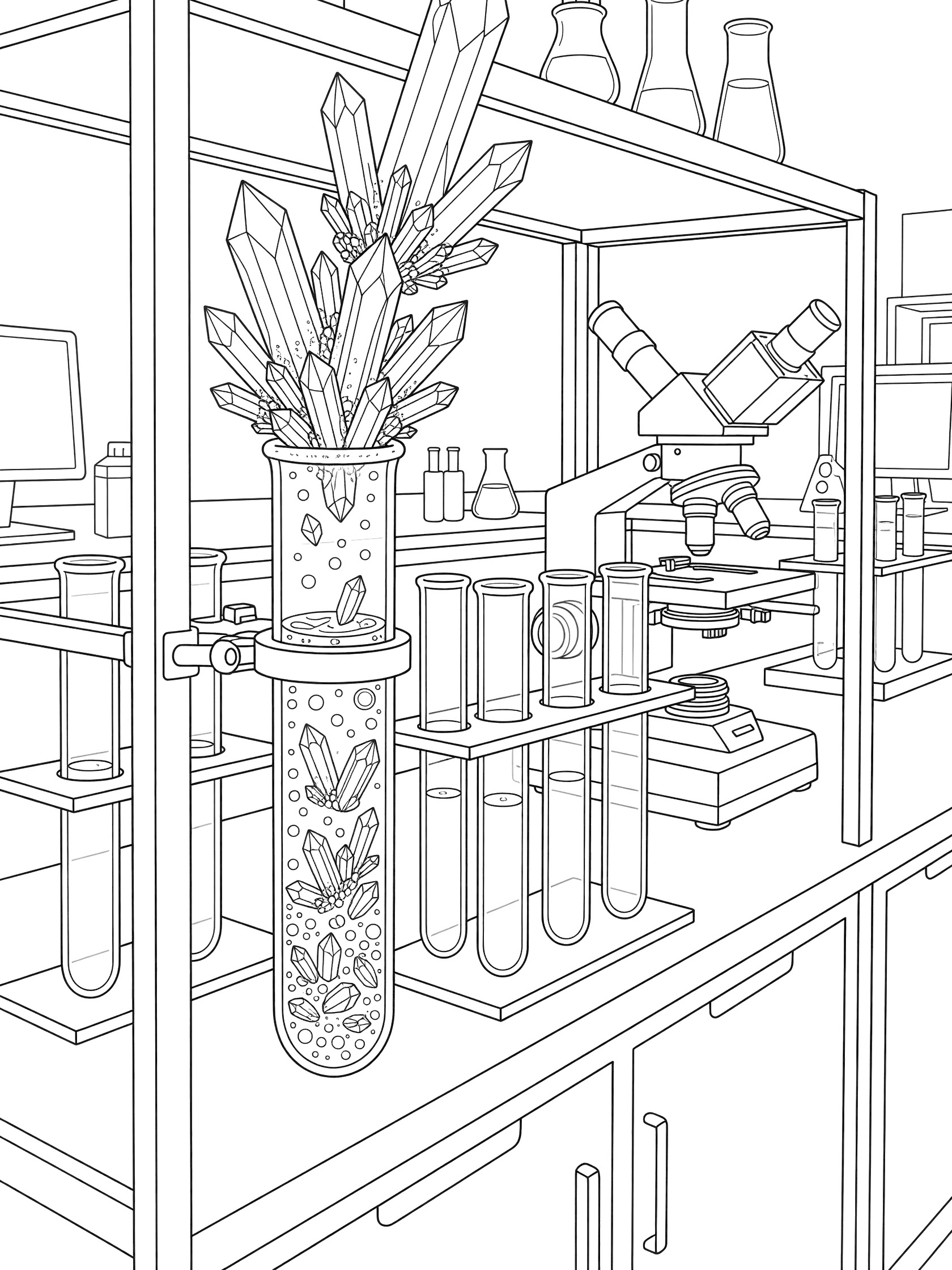 Black and white line art coloring page showing a test tube with crystals growing inside on a lab shelf next to a microscope and holders.