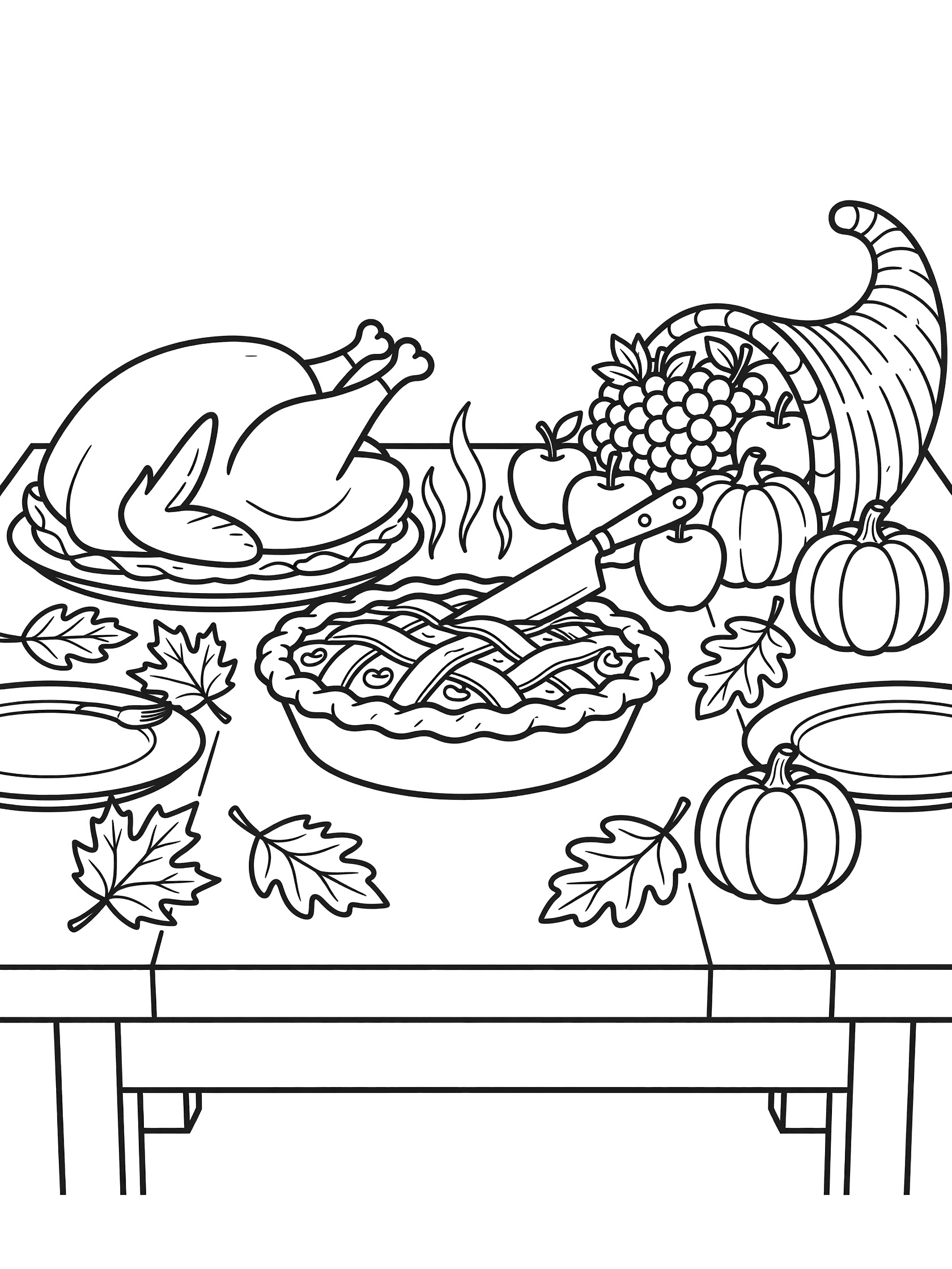 Black and white line art coloring page showing apple pie sliced on a Thanksgiving table with turkey platter, cornucopia of fruits, pumpkins, and scattered autumn leaves