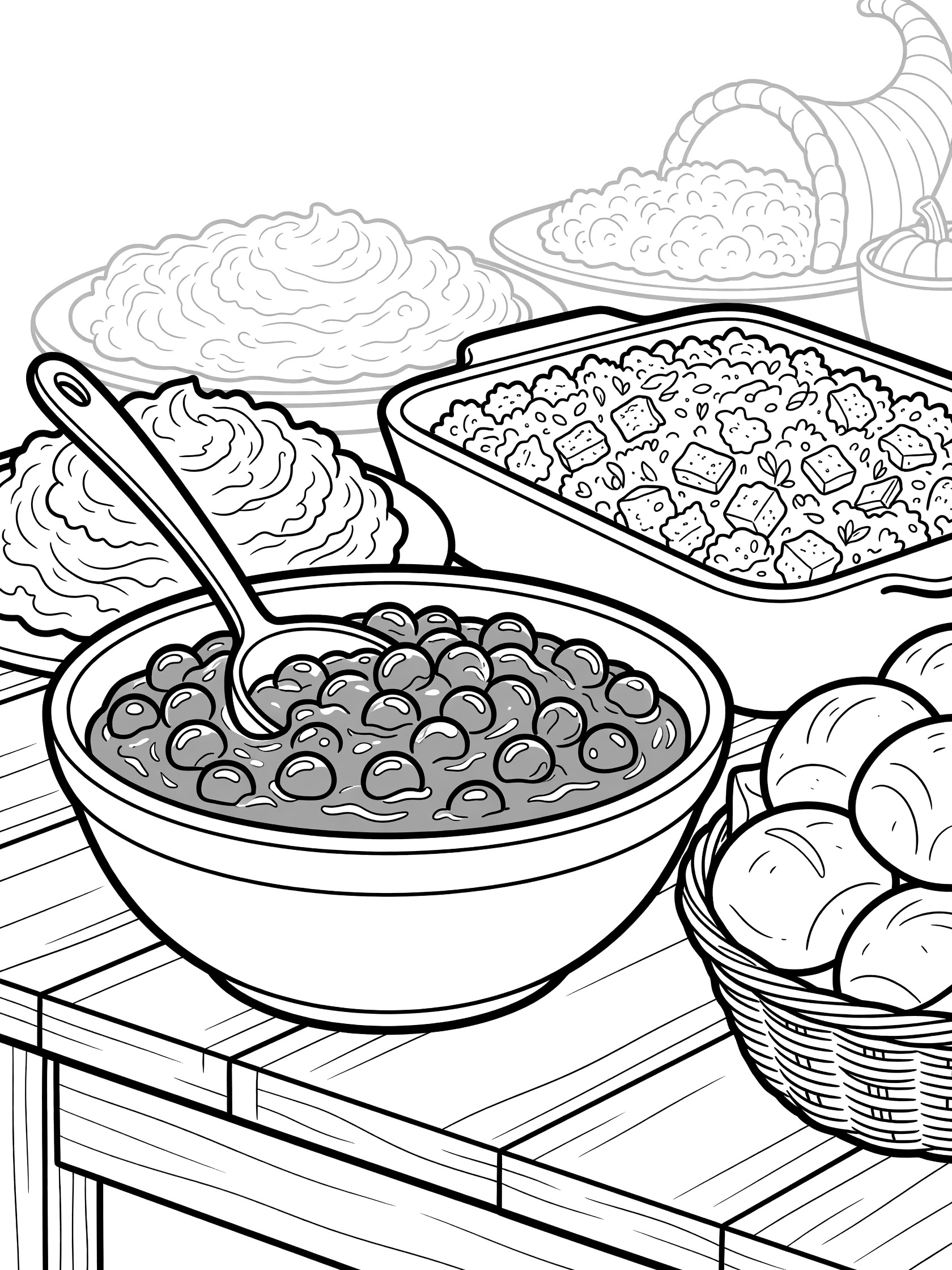 Black-and-white coloring page of cranberry sauce in a serving bowl with ladle next to mashed potatoes, stuffing dish, and basket of rolls on Thanksgiving buffet table.