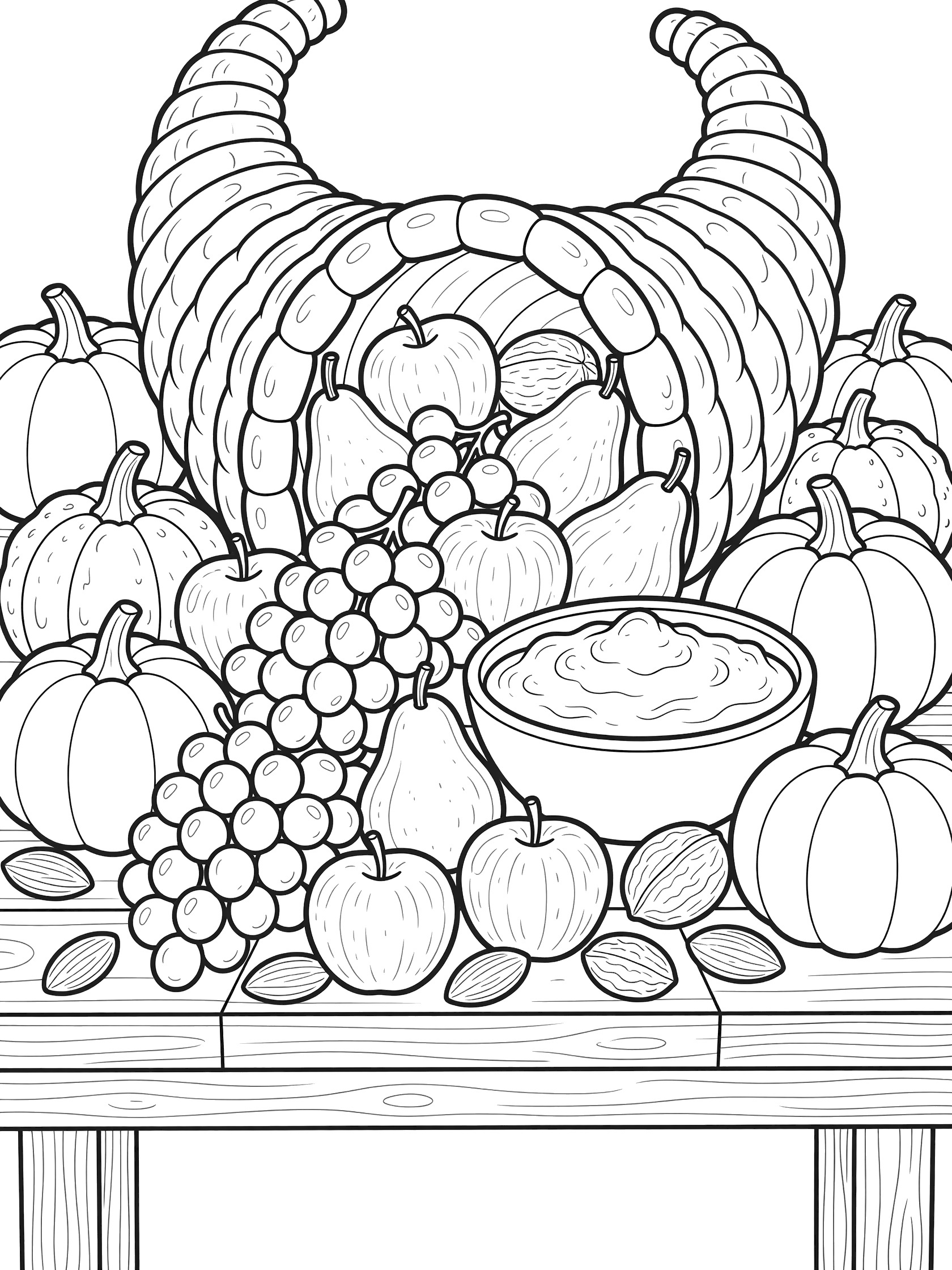 Black-and-white coloring page of a cornucopia filled with fruits, nuts, pumpkins, gourds, and cranberry sauce in a bowl for Thanksgiving.