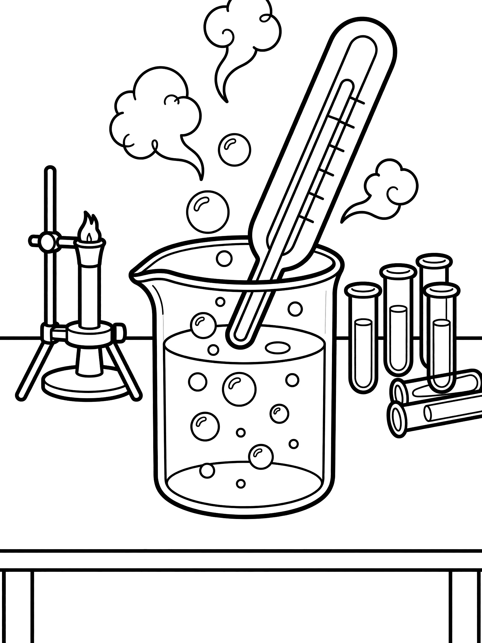 Printable coloring page showing a thermometer dipped into a bubbling beaker with bubbles and steam, test tubes, and Bunsen burner on a lab table.