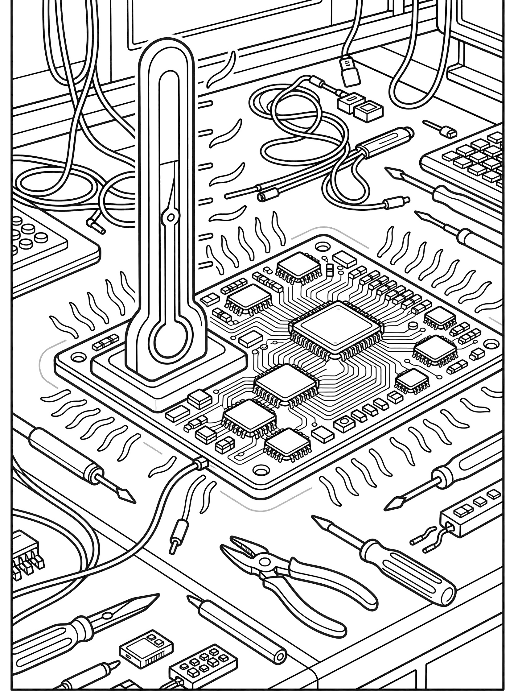 Black and white coloring page of a thermometer measuring heat from a circuit board on a workbench with wires, tools, and tech gadgets.