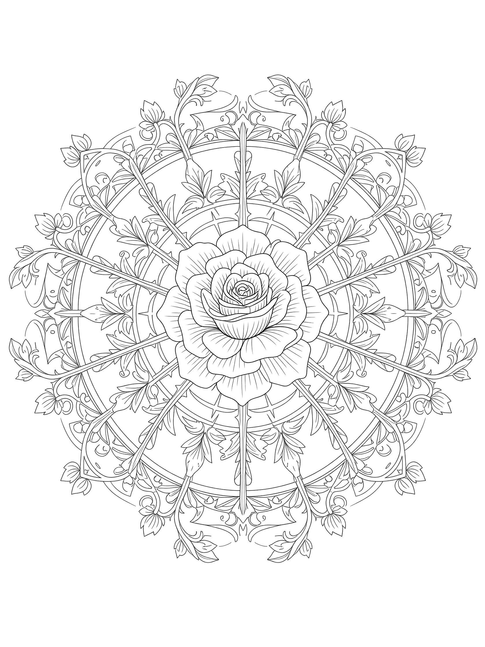 Black and white line art of a Rose Mandala featuring a large central blooming rose with thorny curving stems, fantasy vines, layered petals and leaves in repeating radial circles.