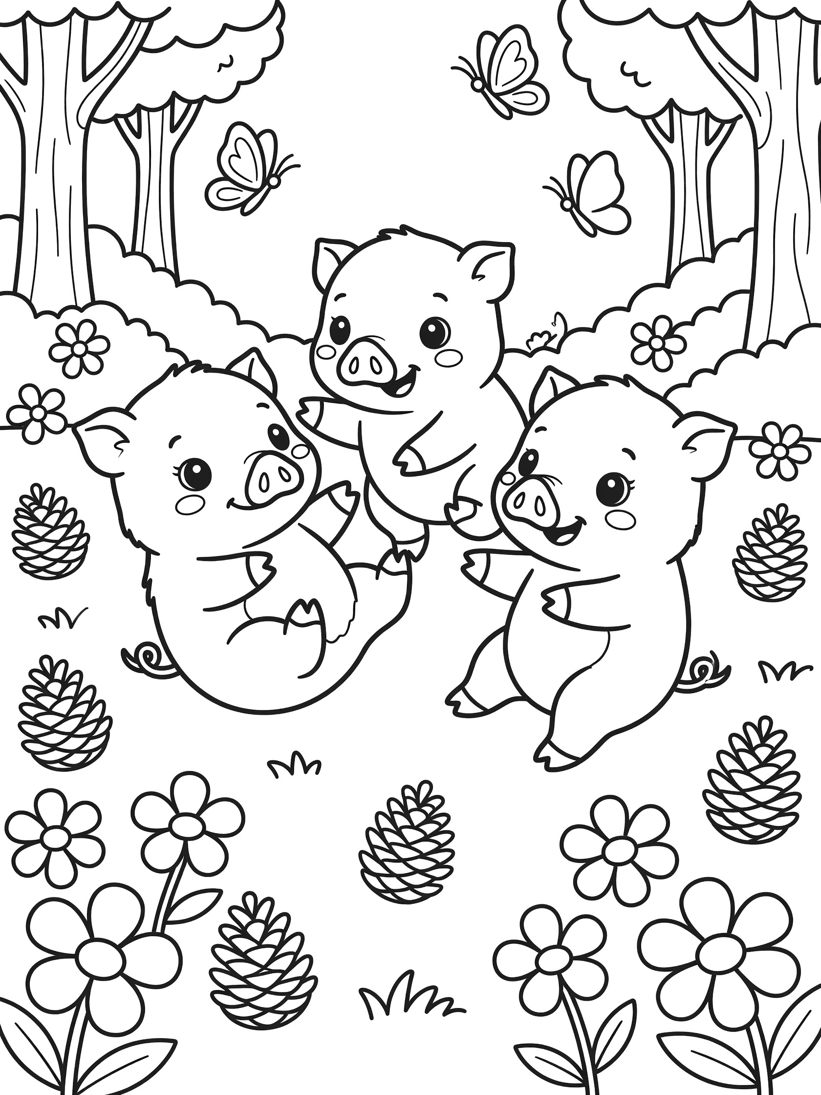 Black and white line art coloring page showing three cute piglets tumbling and playing in a forest clearing with trees, wildflowers, pinecones, and butterflies. Boar themed black and white printable line art