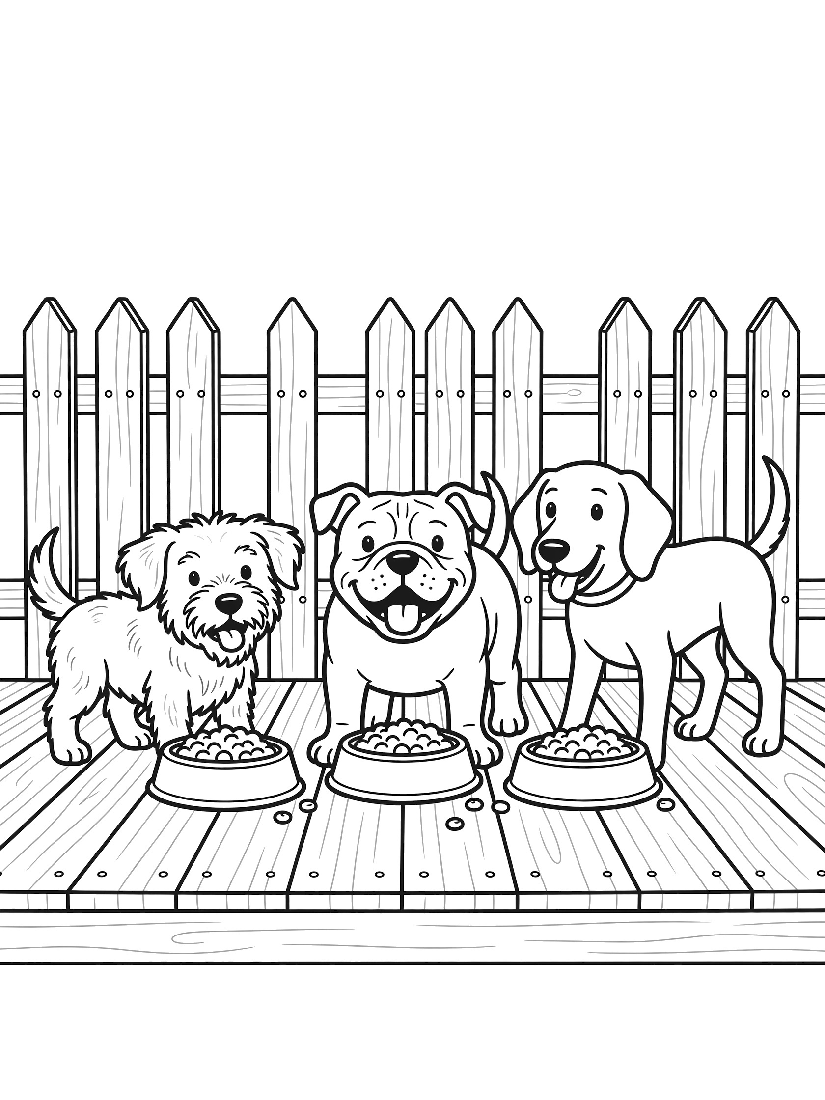 Black and white line art coloring page showing three puppies with different fur styles eating kibble from bowls on wooden porch boards behind a wooden fence. Mutts themed black and white printable line art